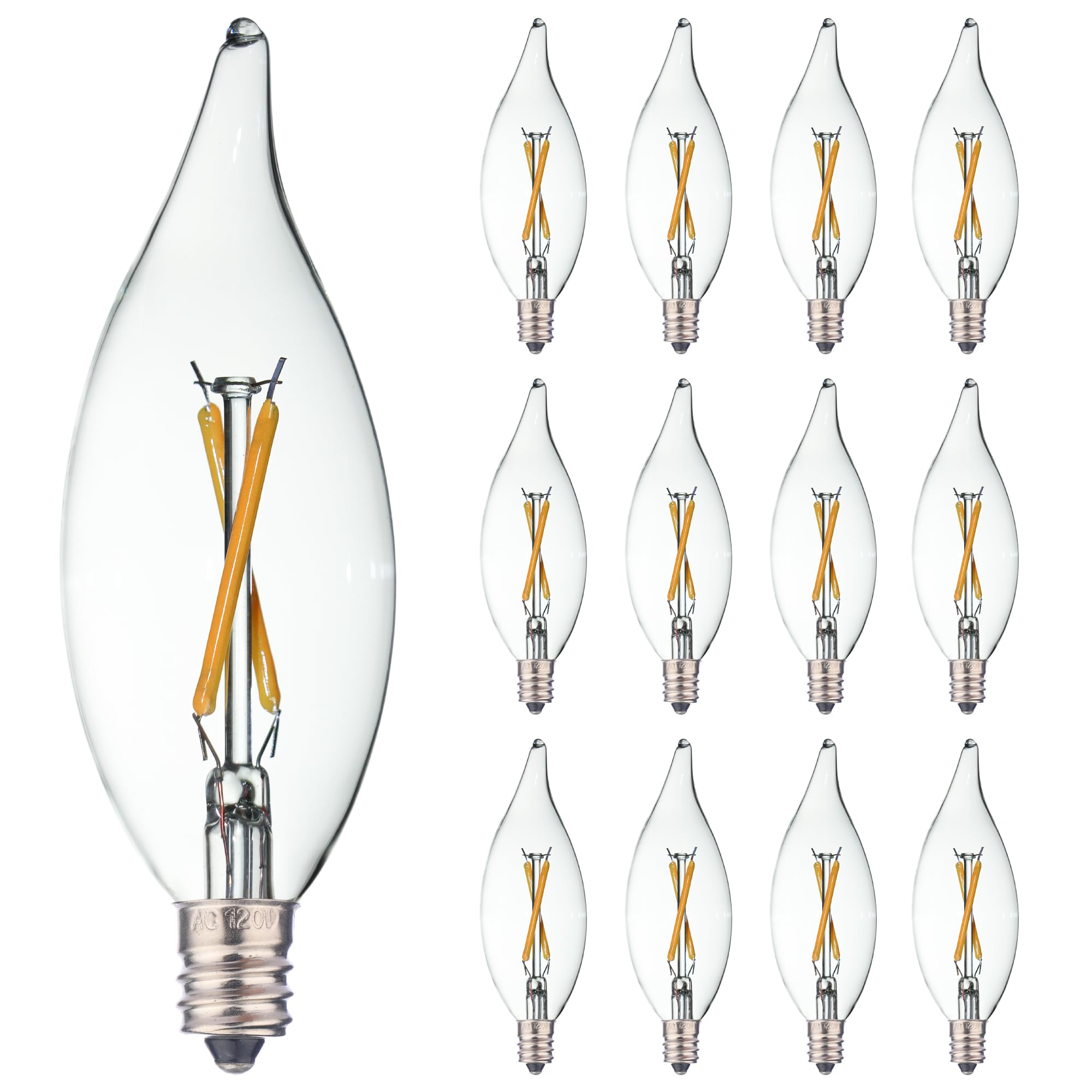 Fannis Pack Of 12 Flame Tip C32 B10 Ca10 Filament Led Bulb, 2W Equals 10W 15W 20W, Soft Warm White Light, E12 Candelabra Base Ed