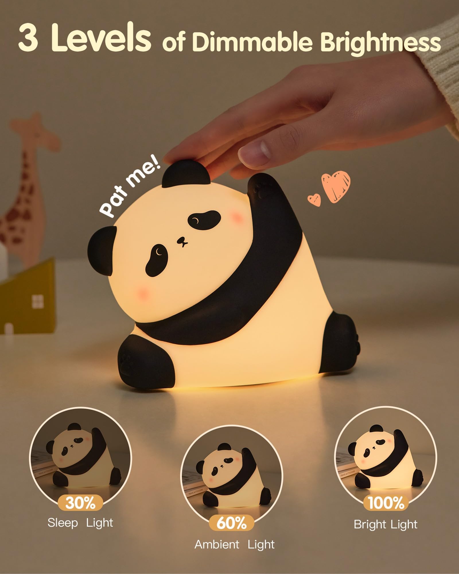 Panda Night Light, Rechargeable 3 Level Dimmable LED Squishy Nursery Nightlight, Food Grade Silicone Animal Night Lamps Cute Bed