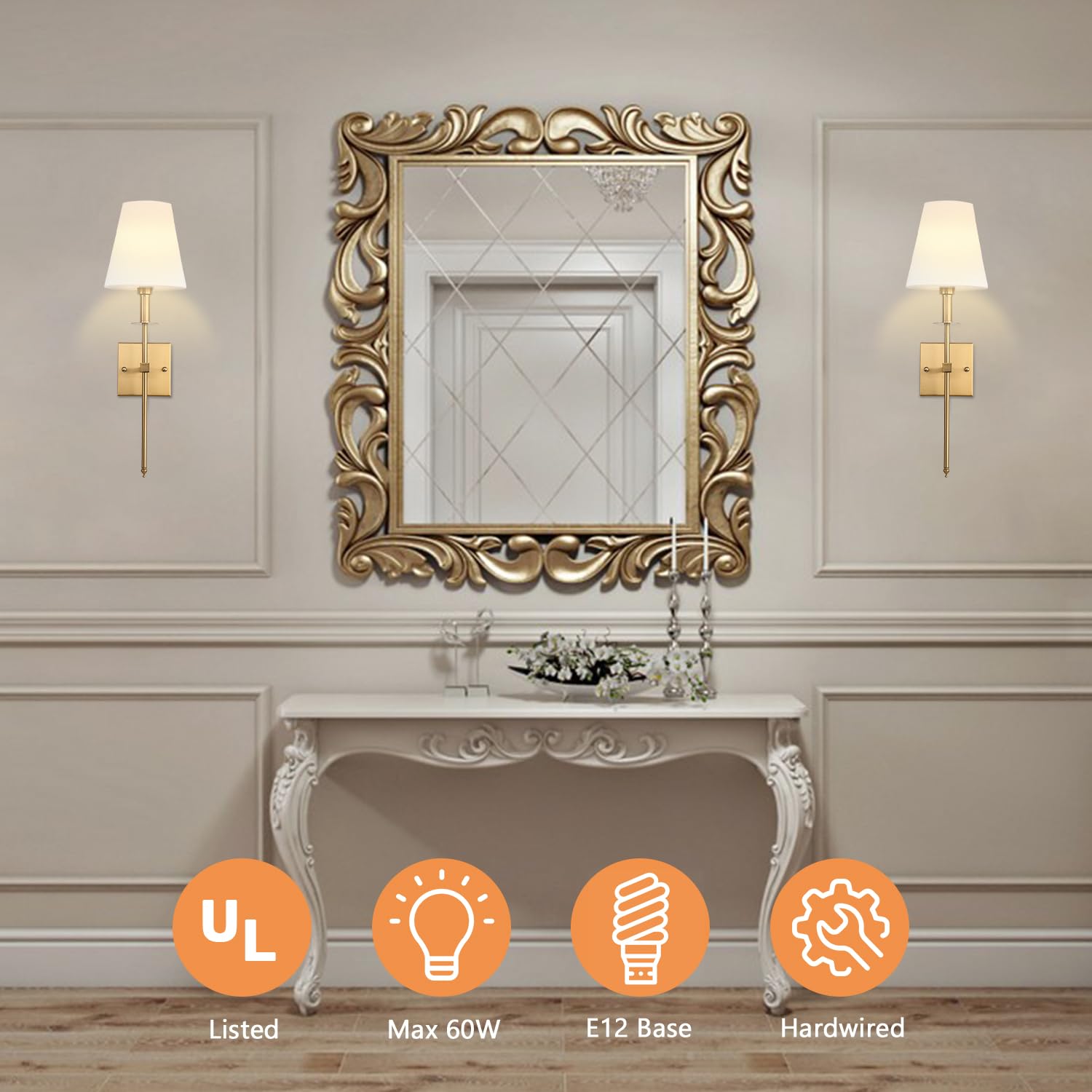 TISLYCO Gold Wall Sconce Set of 2, Antique Brass, Metal with Fabric Shade, Ideal for Bedroom, Living Room, Hallway