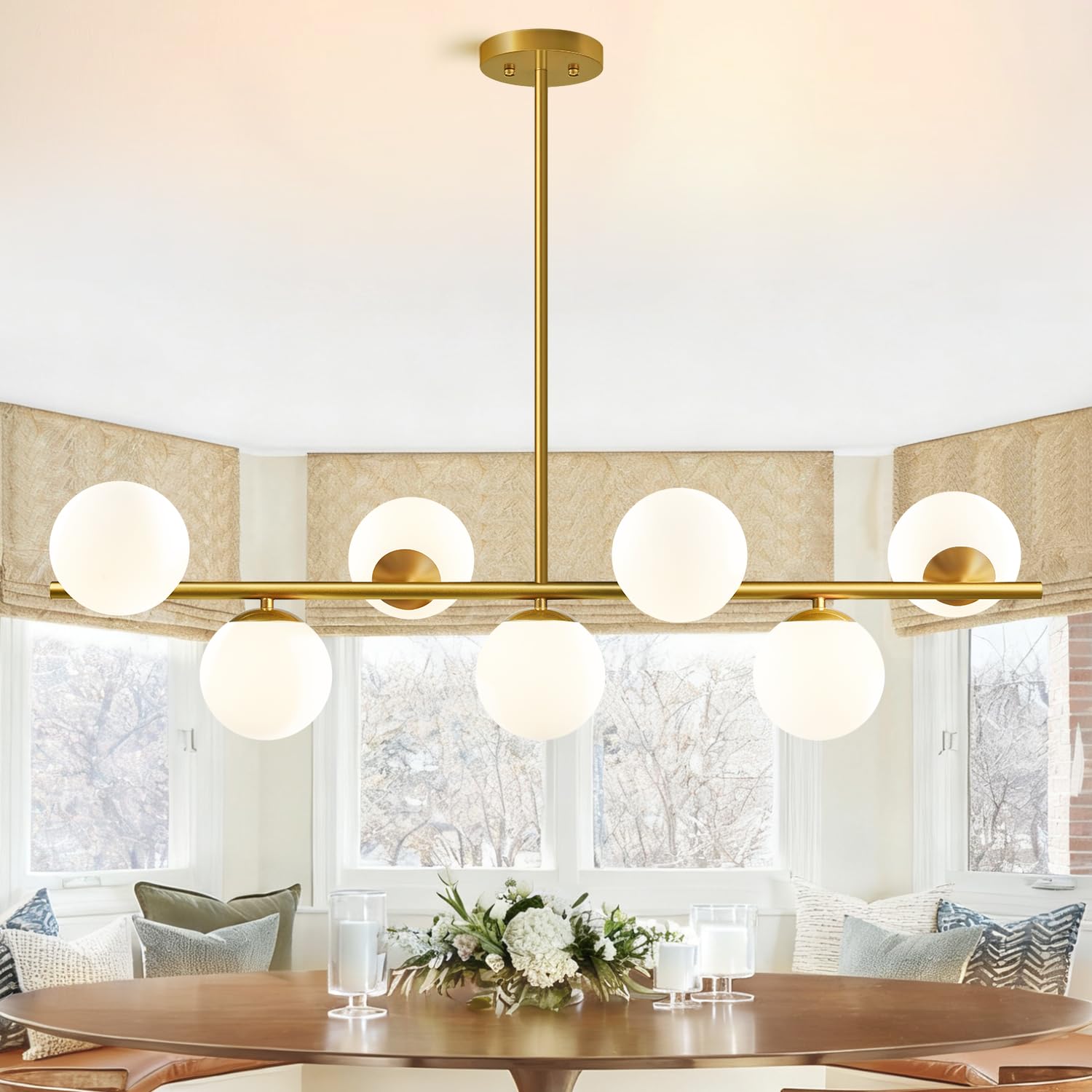 MQMQA 7-Light Modern Linear Chandelier, 43.3in Gold Pendant Light Fixture, Mid Century Design, Metal, Large Size