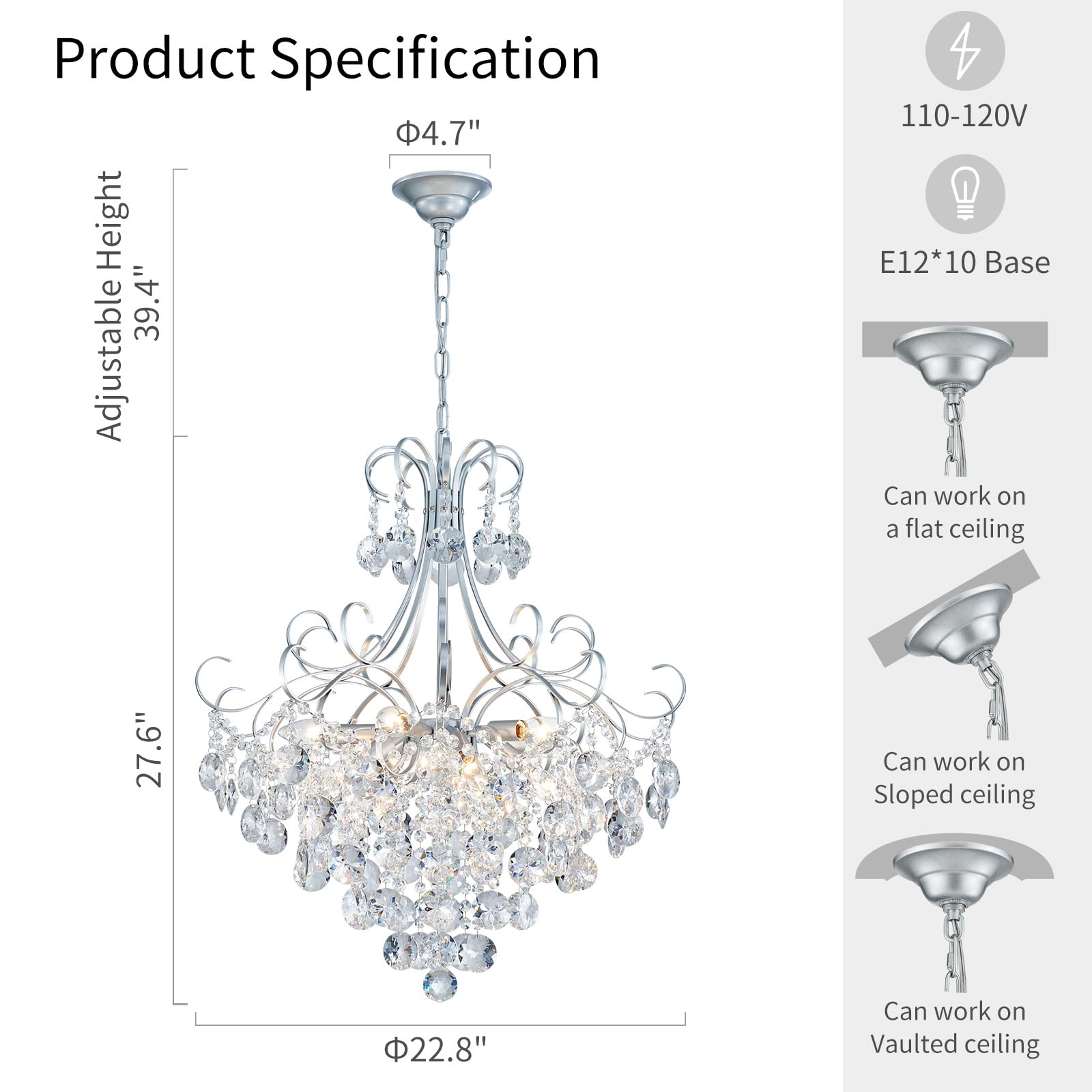 ANJIADENGSHI Crystal Chandelier, K9 Crystal, 28" High x 23" Wide, Silver, Model CL-0019S, 10 E12 Bulbs, Elegant