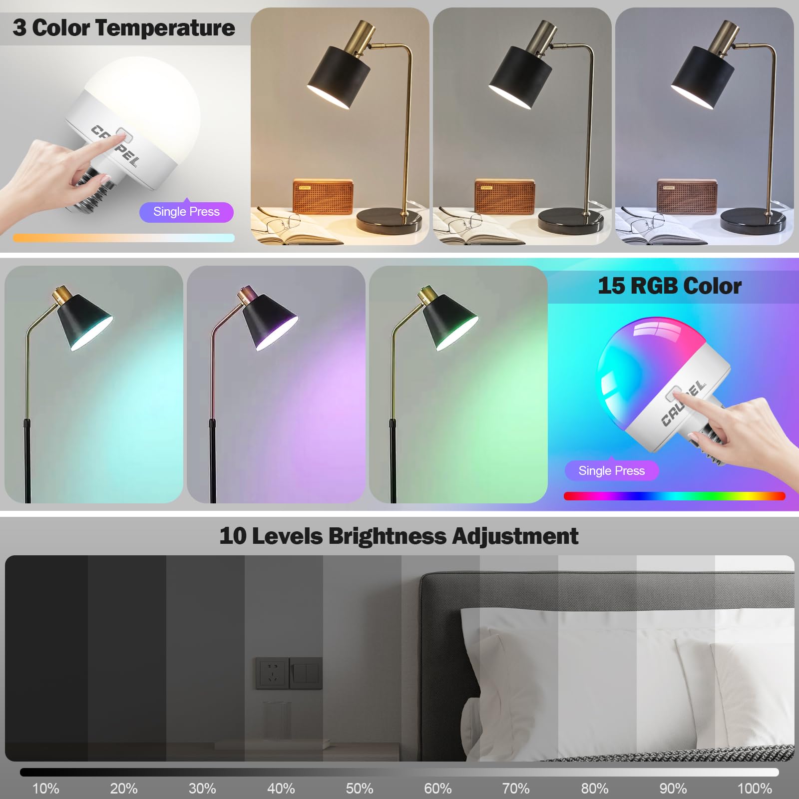Caupel RGBCW Rechargeable LED Light Bulbs, E26, 60W Equivalent, 500 Lumens, 3 Color Temperatures, 2 Pack, Model RB-05