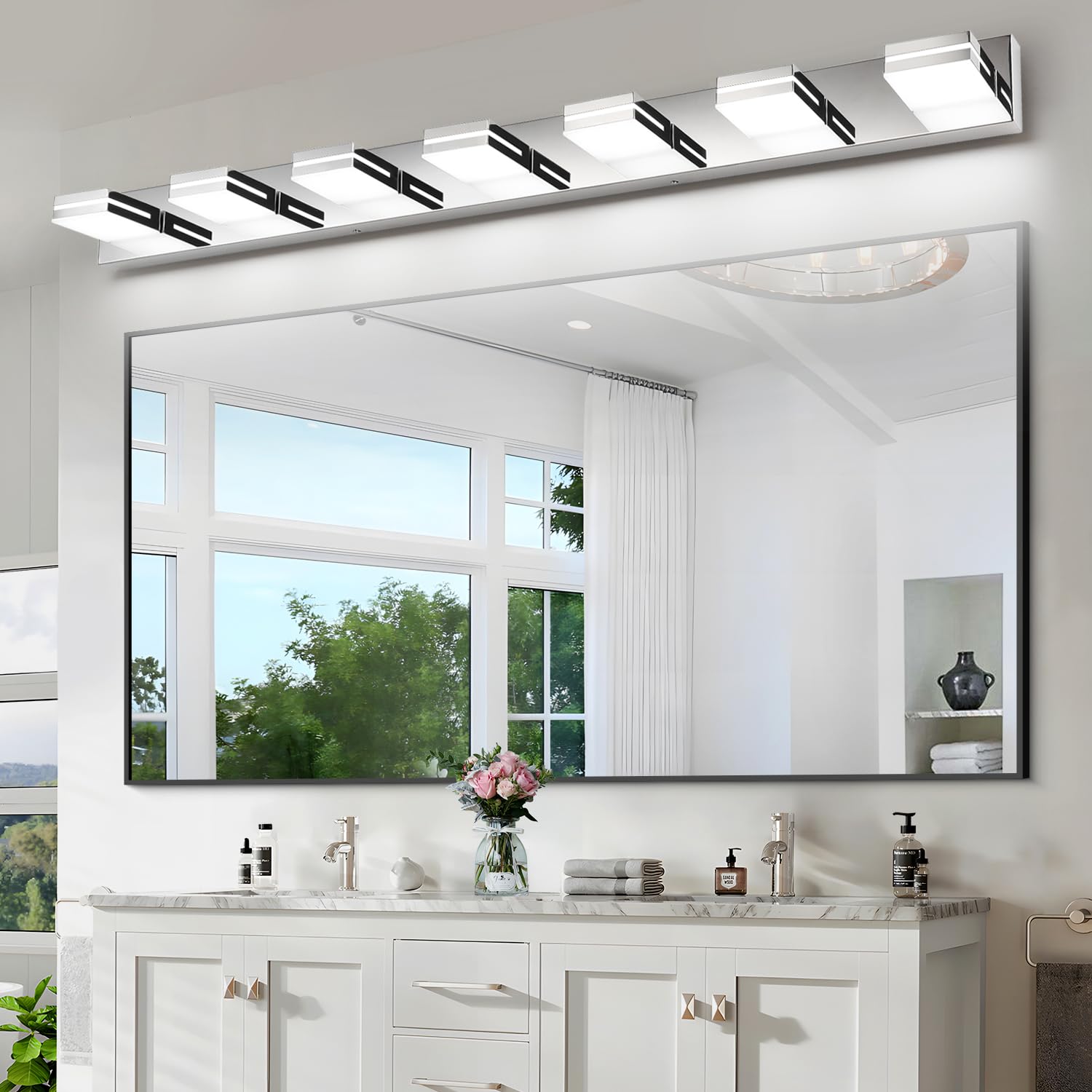 Sinerise Led Modern Bathroom Vanity Light Fixtures (7-Light, 55-Inch, Dimmable), Chrome Modern Acrylic Bathroom Wall Lighting Fi