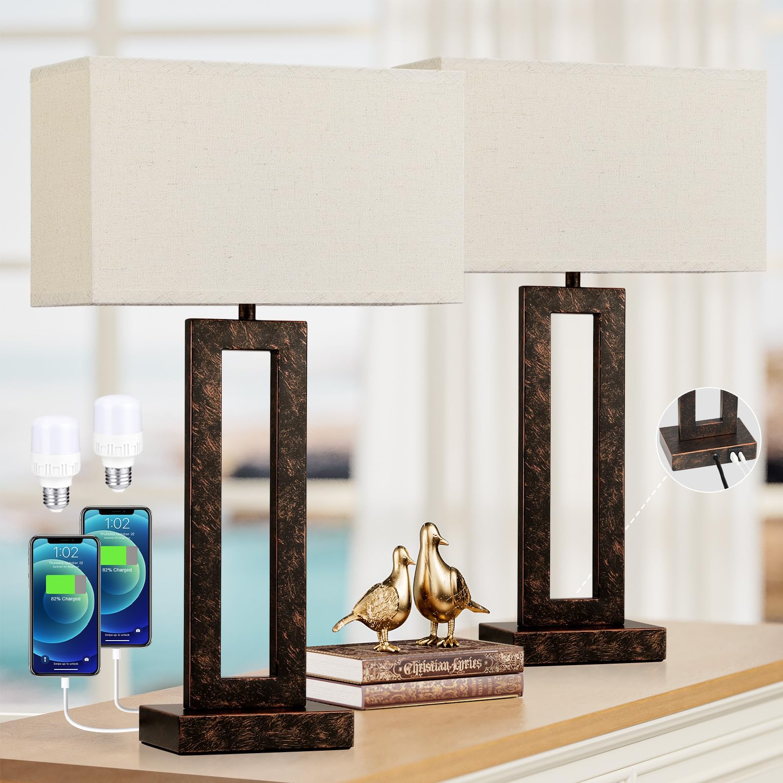 22'' Tall Modern Bedside Lamps - Touch USB C+A, 3 Way Dimmable Set of 2 for Night Stands & End Tables (Beige & Brown)
