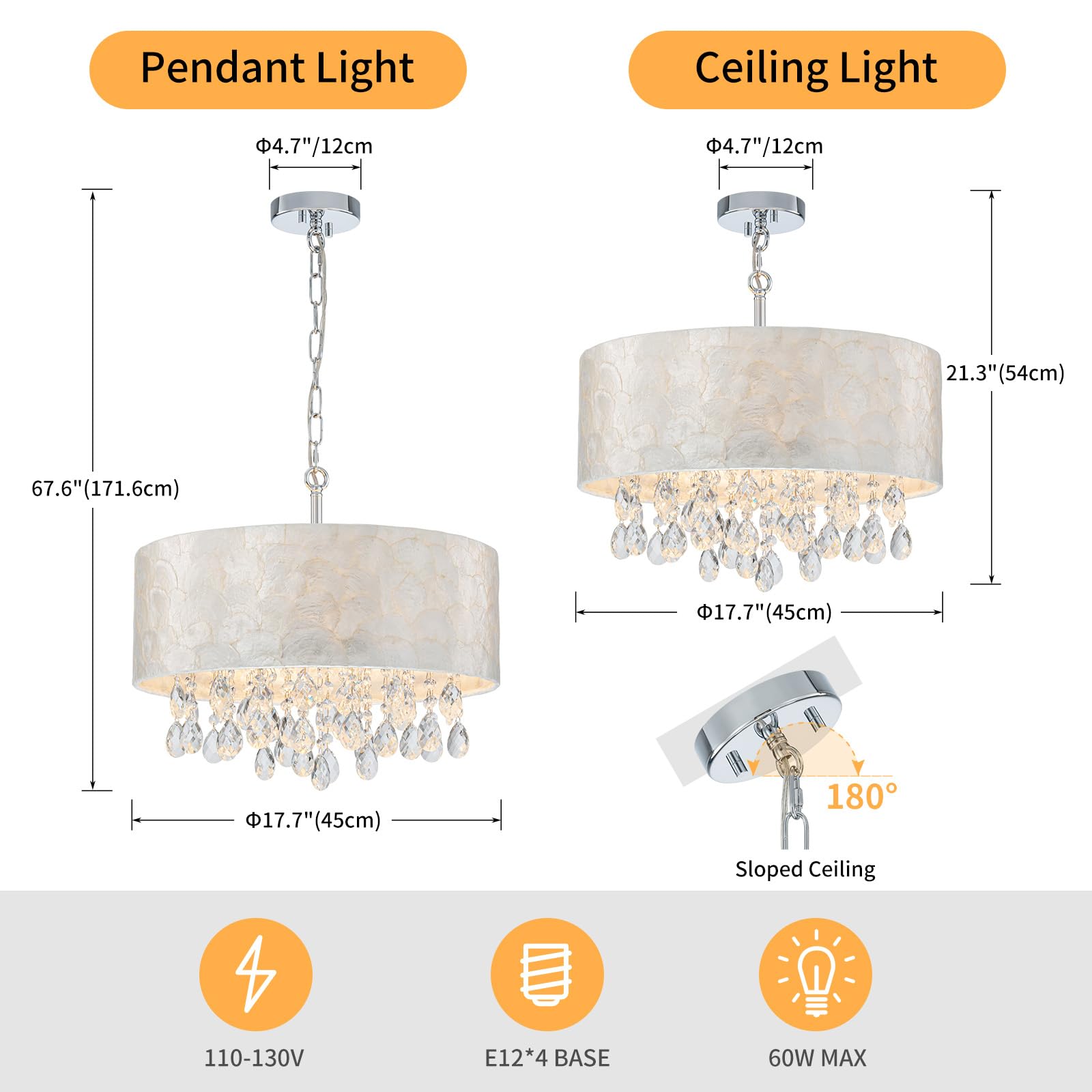 LumFurn 3-Lights Capiz Shell Chandelier, Adjustable Drum Light Fixture, Chrome Finish, D12 x H19~49" for Dining Room, Living Room, Bedroom