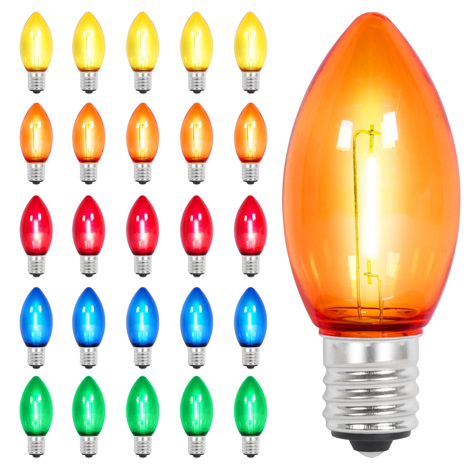 Vruxuri C9 LED Christmas Light Bulbs, Shatterproof & Dimmable, 25 Pack, Multicolor