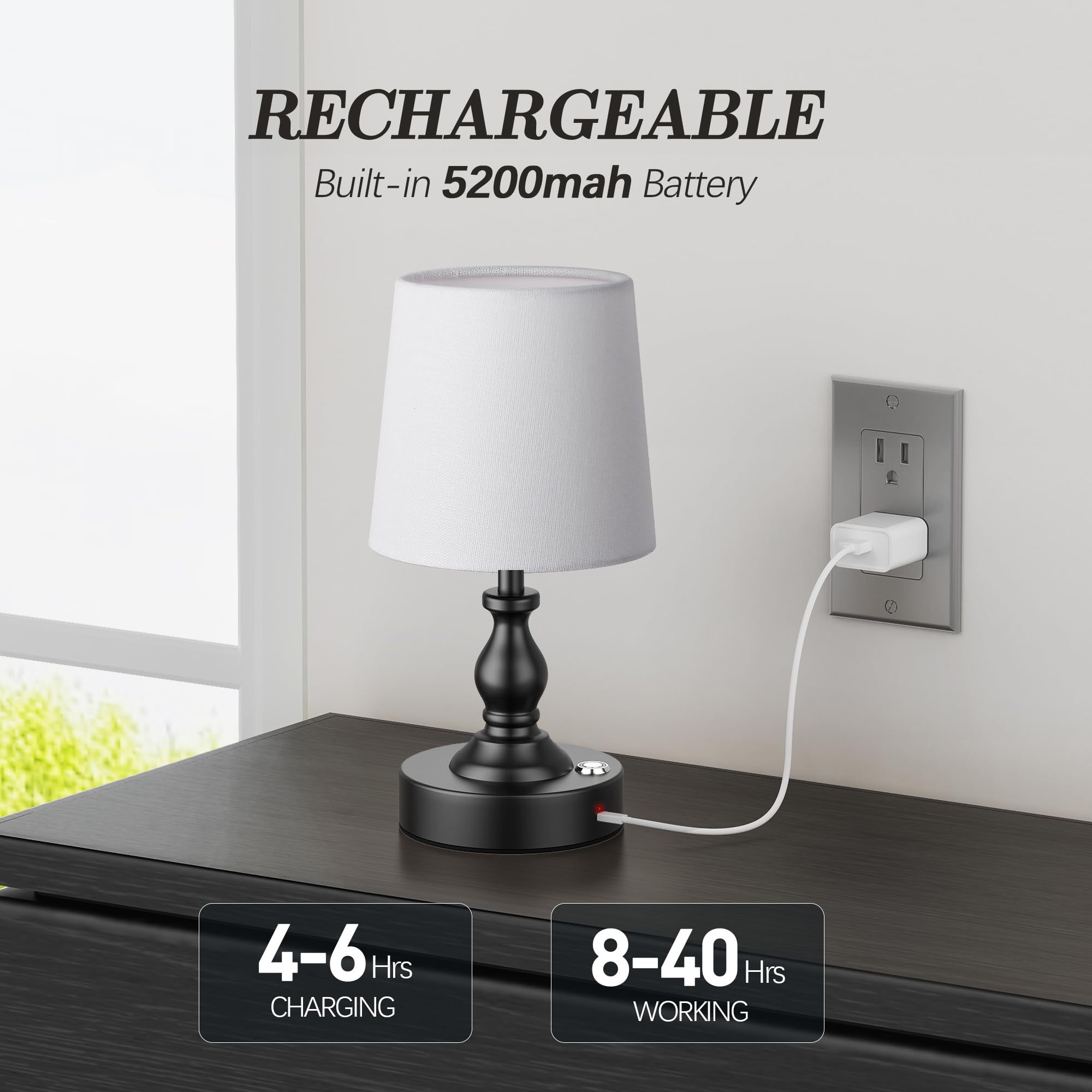 PARTPHONER Mini Cordless LED Table Lamp, 5200mAh Rechargeable, Touch Dimmable, Matte Black, Model STR-LP-TL001