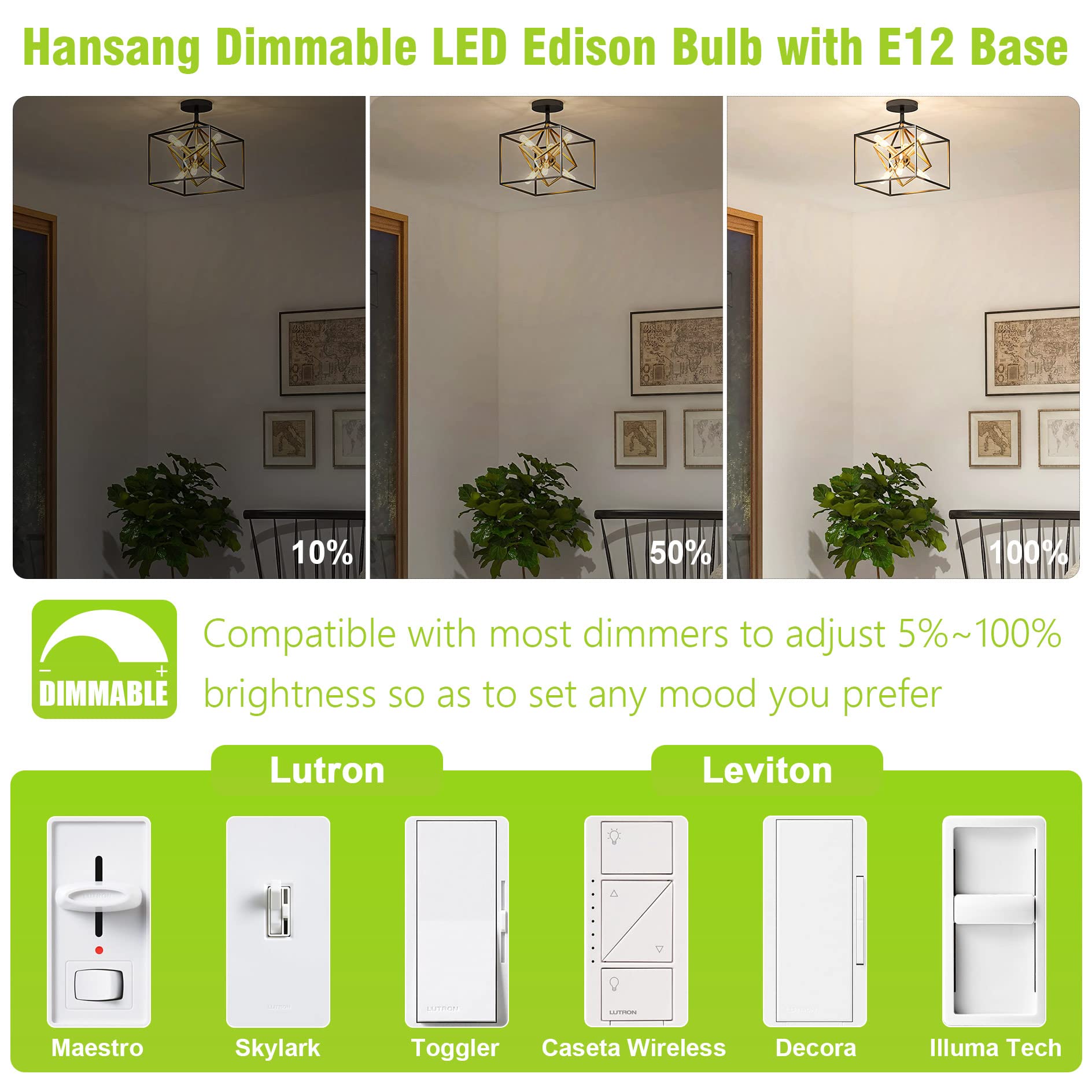 Hansang E12 Candelabra Led Light Bulbs, 40W Equivalent, 4000K Natural Daylight, Dimmable E12 Small Base Edison Bulbs For Ceiling
