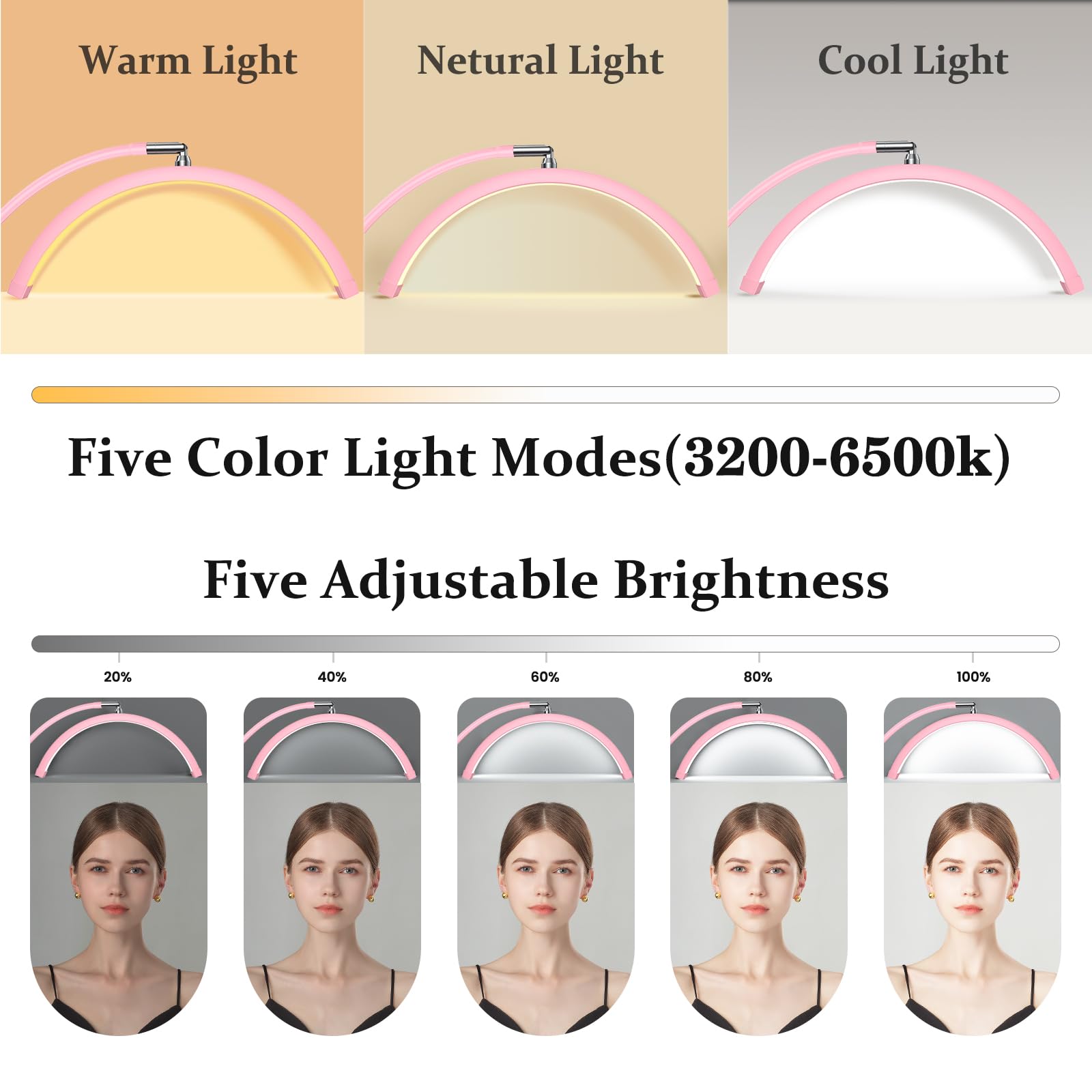 Mznoo Lash Light - LED Floor Lamp for Eyelash Tech, Medium Pink, Aluminum, Model MZ-FL18, Perfect for Extensions, Nail Art, Tattoo & Skincare