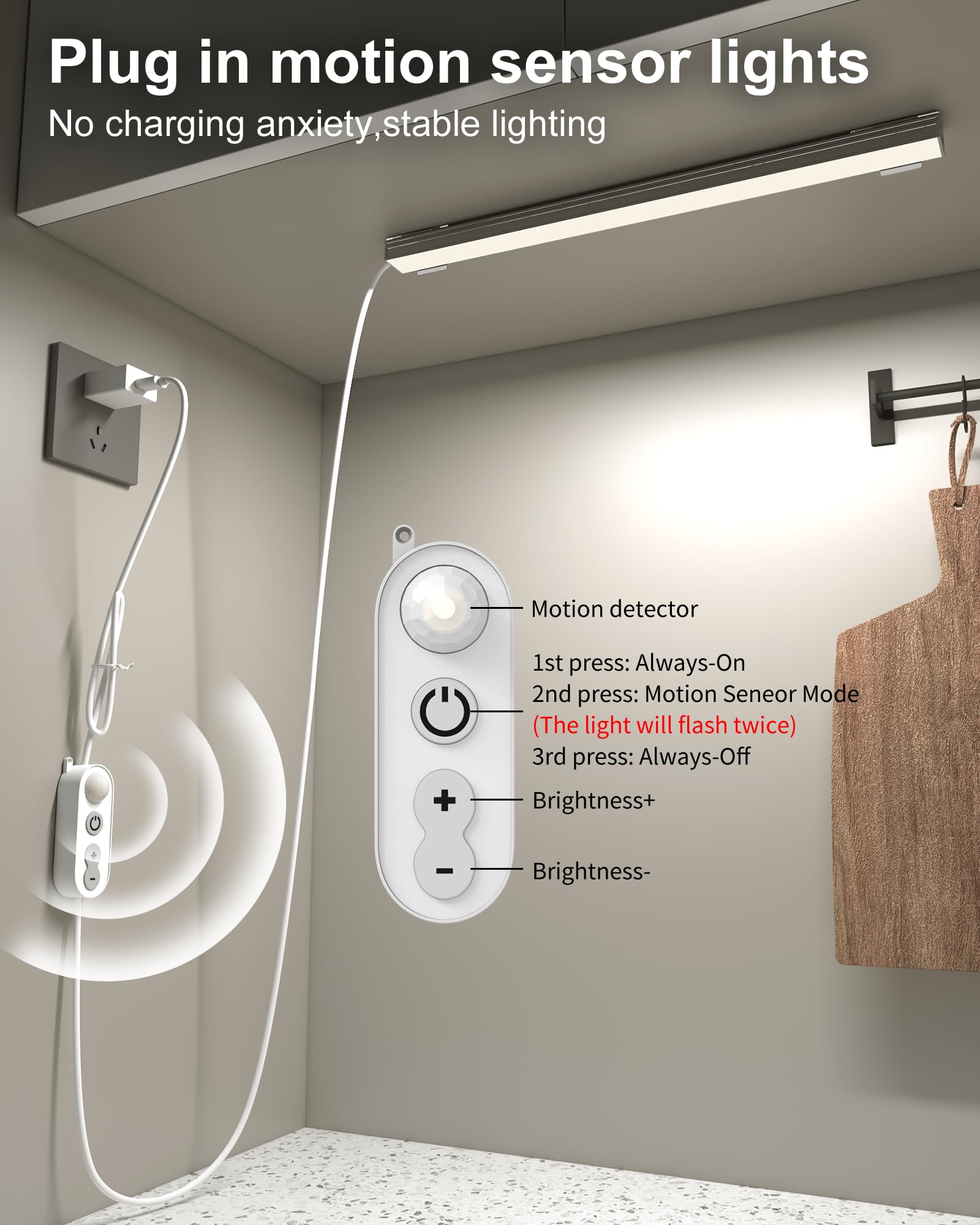 ASOKO Motion Sensor LED Under Cabinet Light Bar, 12-Inch, Daylight White, Model UNO-UT, Dimmable Plastic Counter Light for Kitchen & Closet