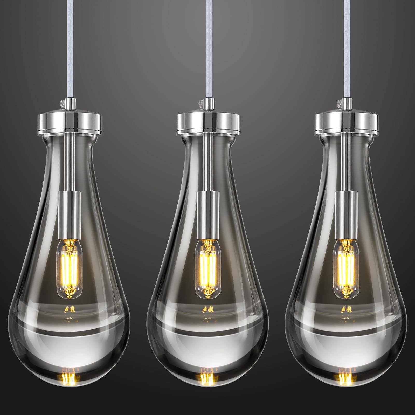 LIANGMH Raindrop Pendant Lights Kitchen Island Set of 3 Teardrop Chrome Hanging Light Fixtures Clear Solid Glass Pendant Light M