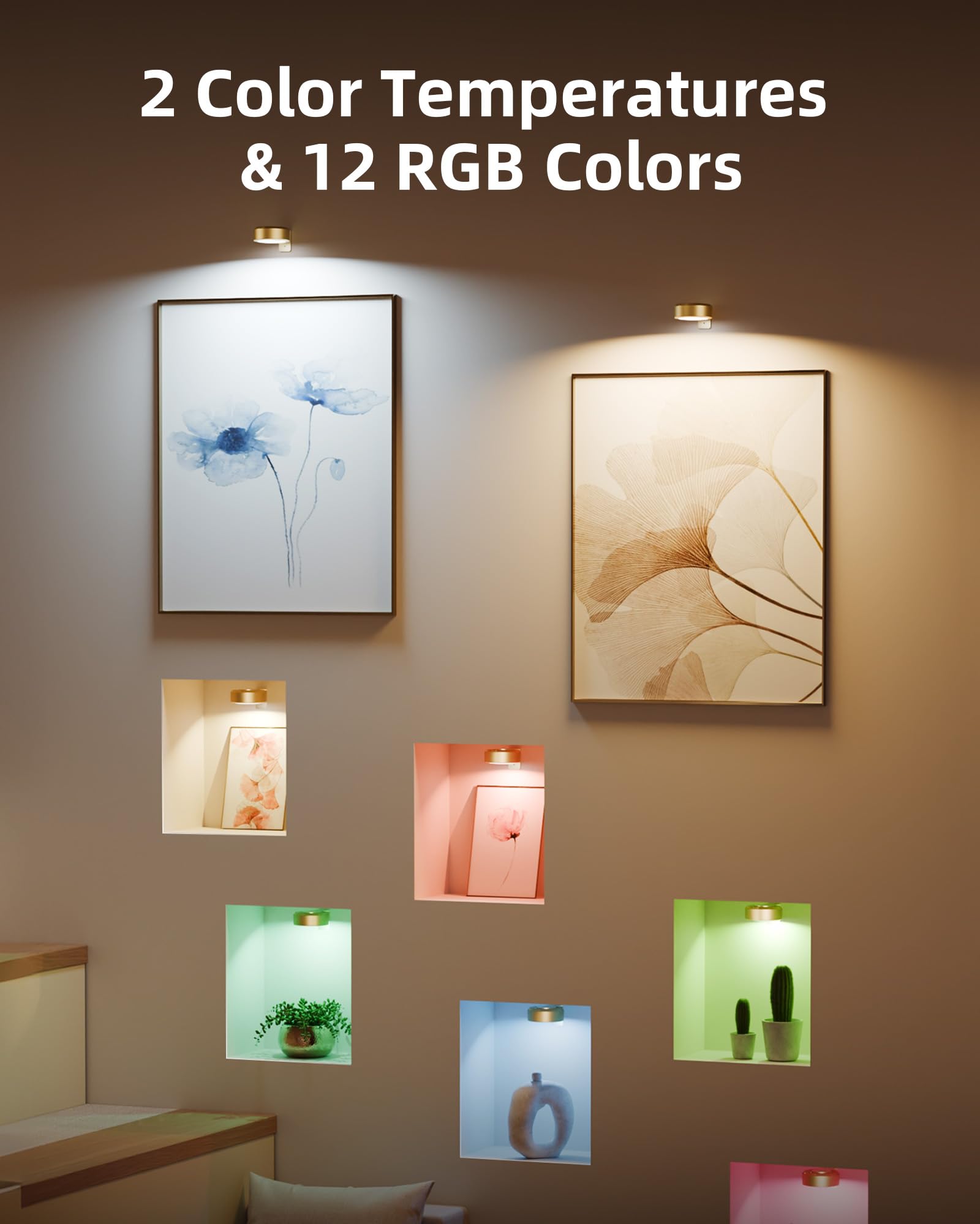 EZVALO Picture Lights, 2000mAh Rechargeable, 3 Color Temps & 12 RGB, Remote Dimmable, 3 Pack, Gold, Model TL-01