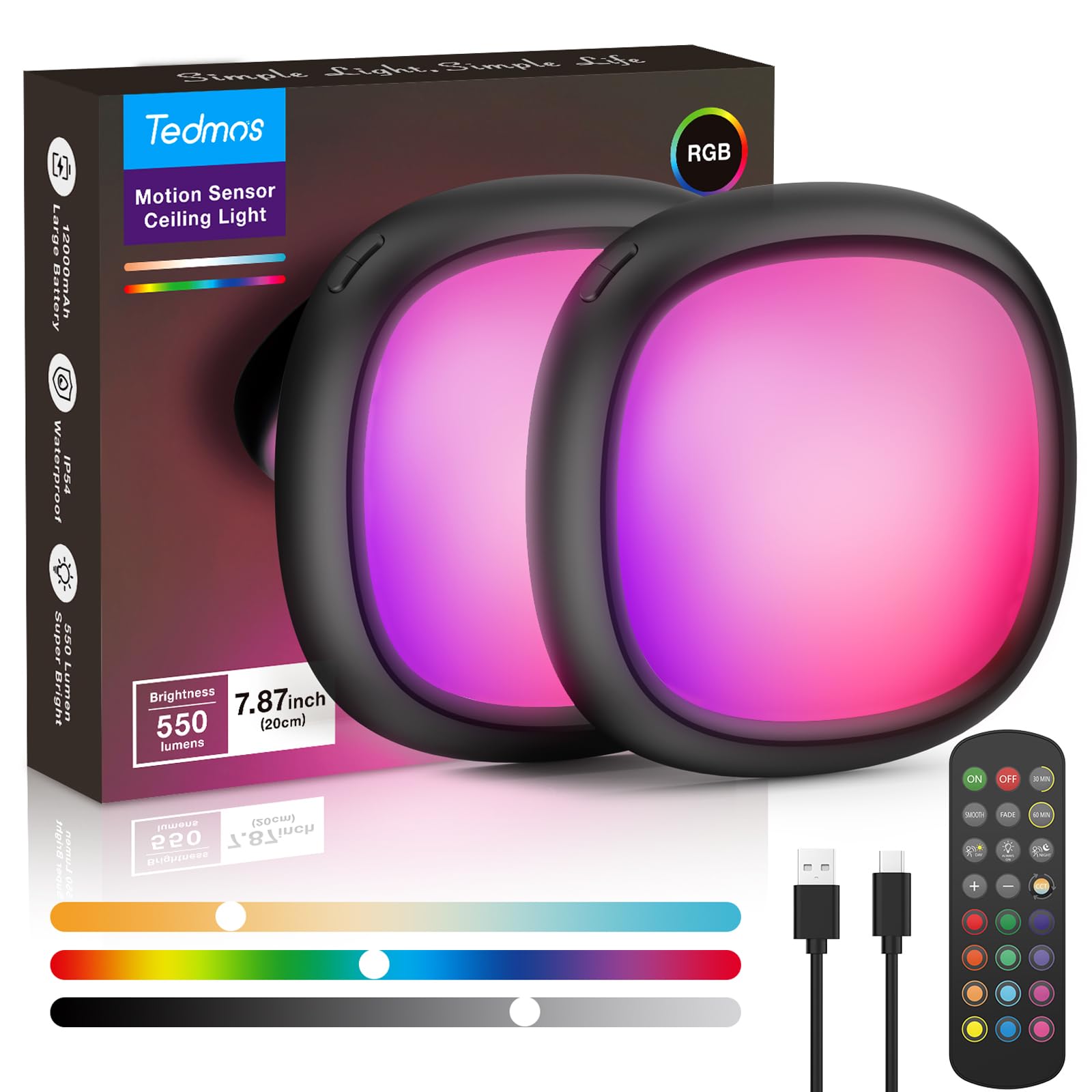 2 Pcs Motion Sensor Rechargeable Ceiling Light With Remote  12000Mah 550Lm Wireless Shower Lights For Inside Shower  Battery Operated Rgb Closet Lights Sensored Led Overhead Garage Lighting No Wiring