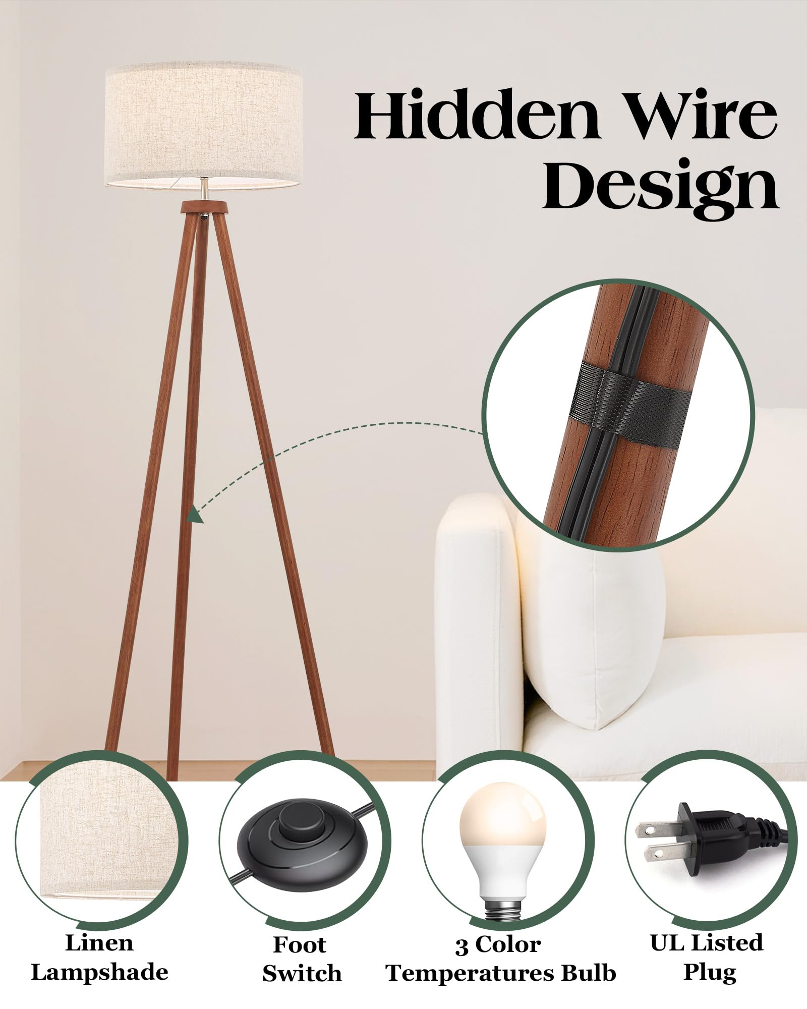 ELYONA Wood Tripod Floor Lamp - Vintage Style with LED Bulb, Beige Shade, Brown & Nickel Metal, Model UF1101-WB for Living Room & Office