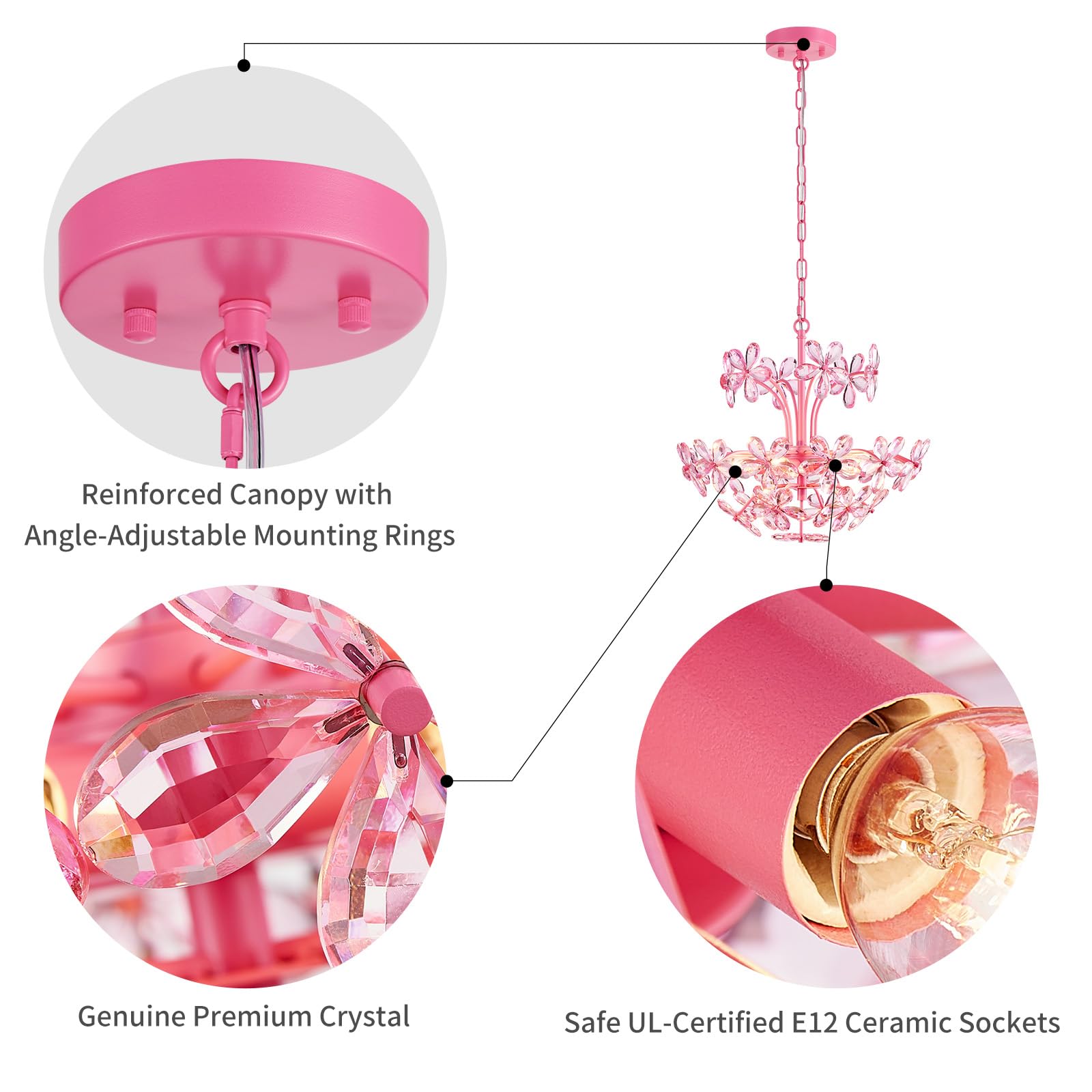 WUZUPS Crystal Chandelier Pendant Light, 15.7in H x 17.7in W, Pink, Metal, 6 Lights, Model USHD90013P-P
