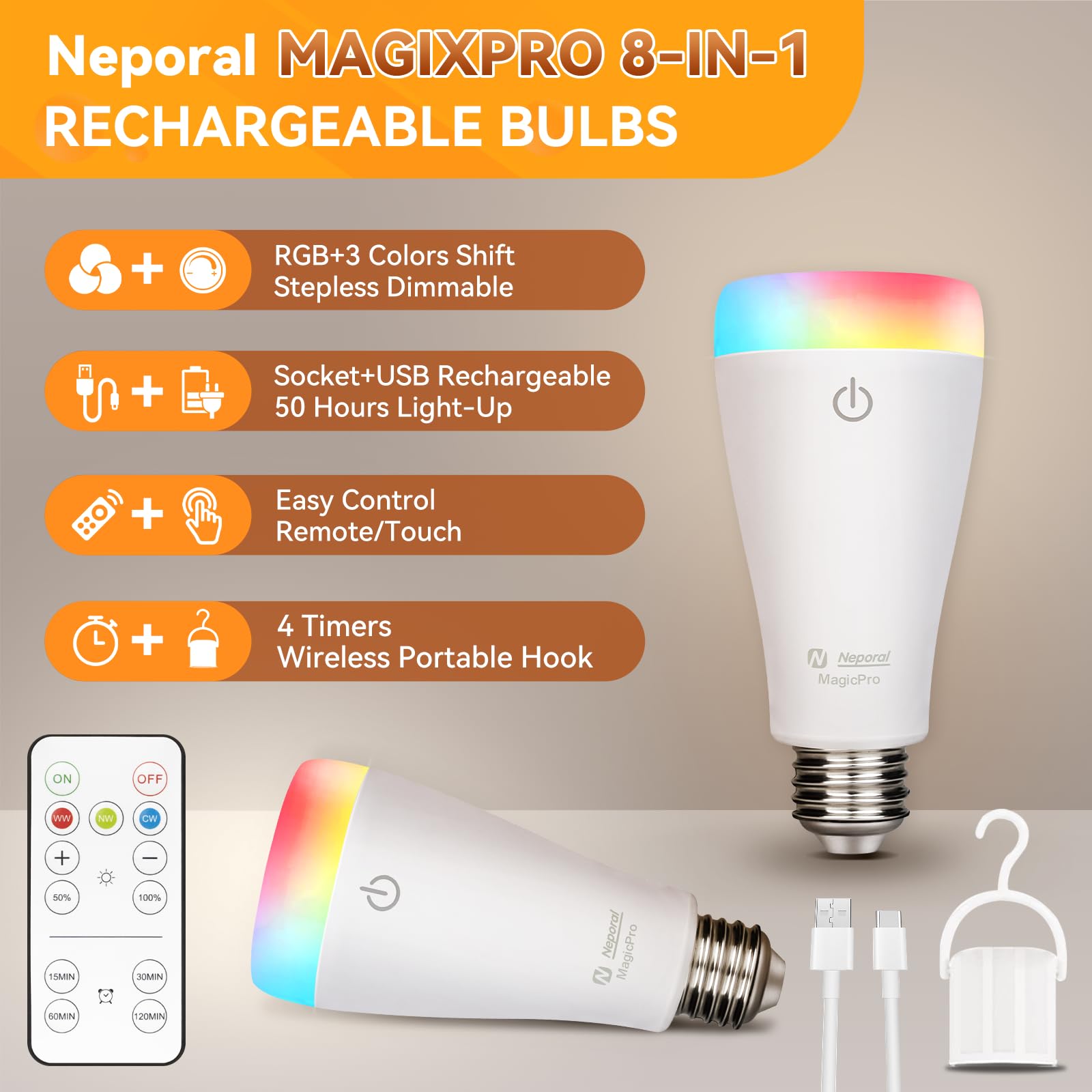 Neporal MAGIXPRO Smart Rechargeable Light Bulbs, USB+Socket, 9+3 Colors, Fast Charging, Battery Operated, for Lamps & Sconces, White
