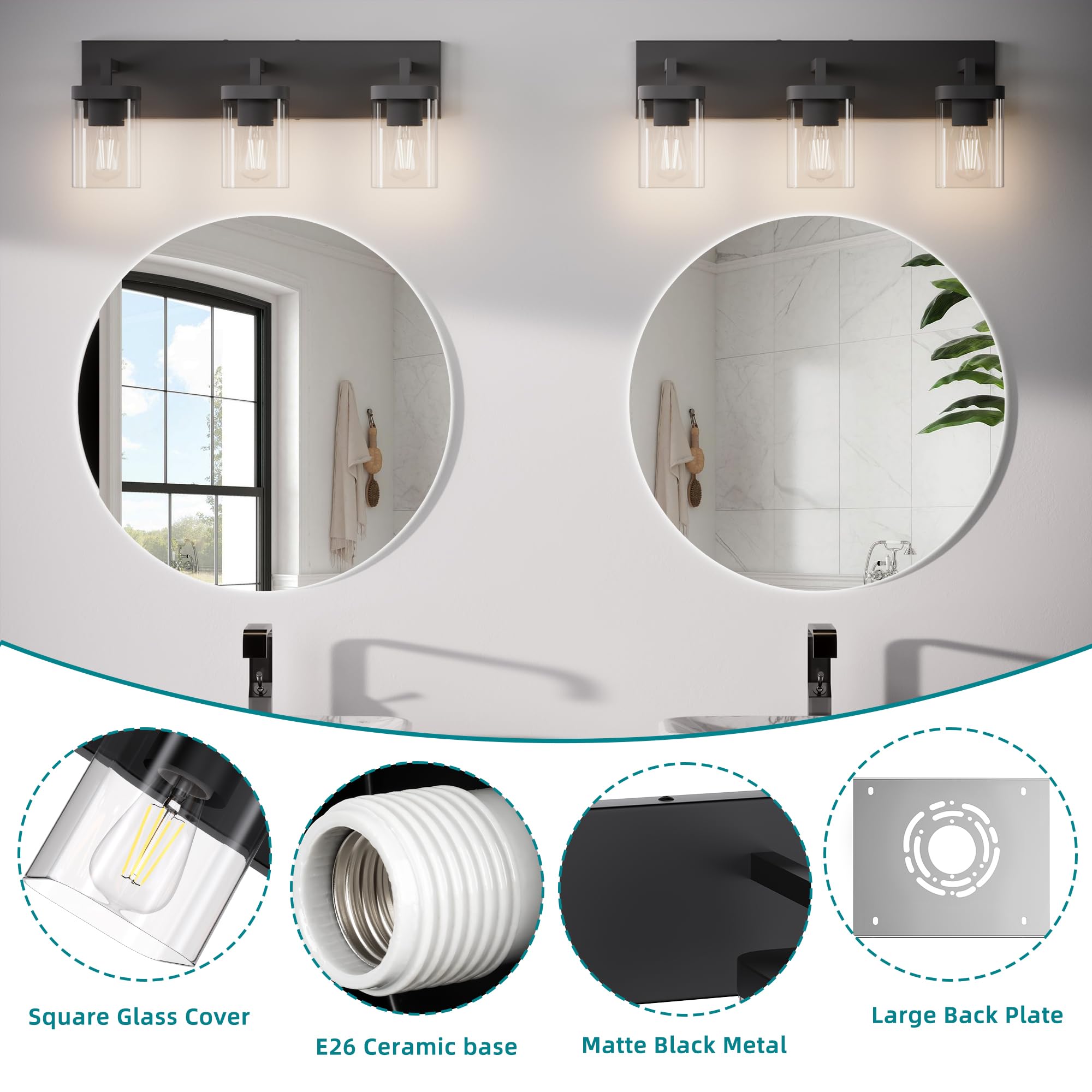 Danshinro Bathroom Lighting Fixtures Over Mirror, Square Design & Rectangle Large Backplate, 3 Lights Morden Vanity Lighting Fix