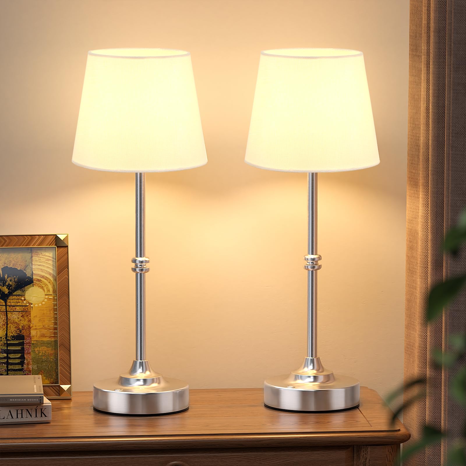 Kakanuo Rechargeable Cordless Table Lamp Silver - 2 Pack 4000mAh Battery Operated Lamp  Touch Control Stepless Dimming  for Home Decor  Dining Table  Living Room  Bedroom
