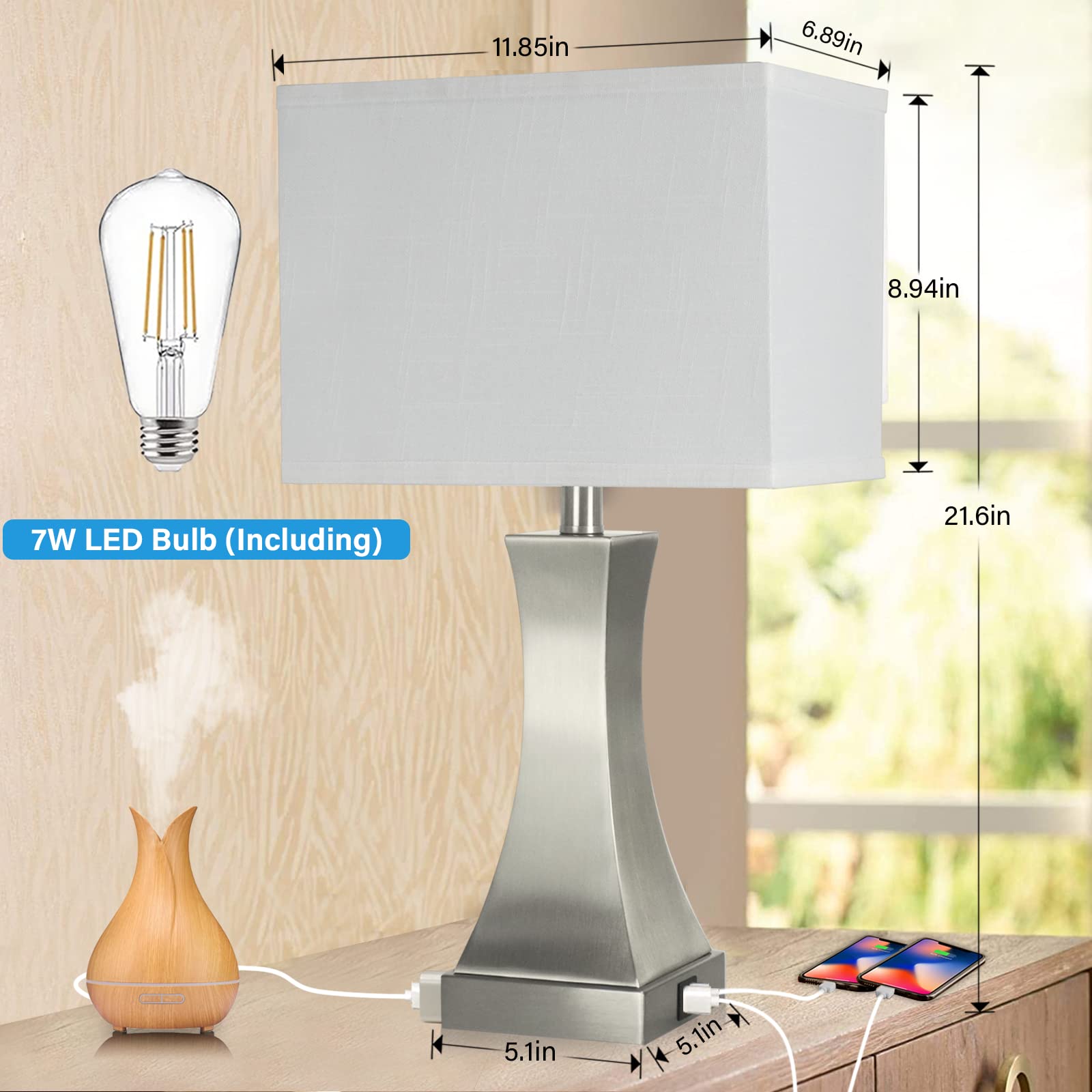 OYedis 3-Way Dimmable Touch Control Table Lamp, 21.6" Brushed Nickel, USB Port, Iron, Model T007 for Bedroom, Living Room, Office
