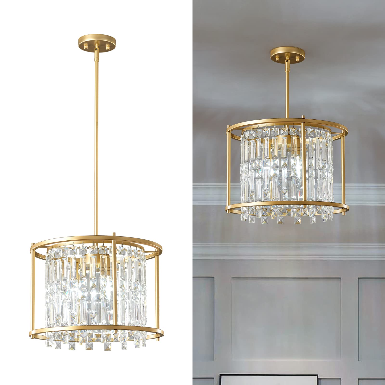 LMQNINE Modern Foyer Chandelier, Gold Crystal Chandelier Entryway Pendant Light Fixture, Round Adjustable Height Chandeliers for