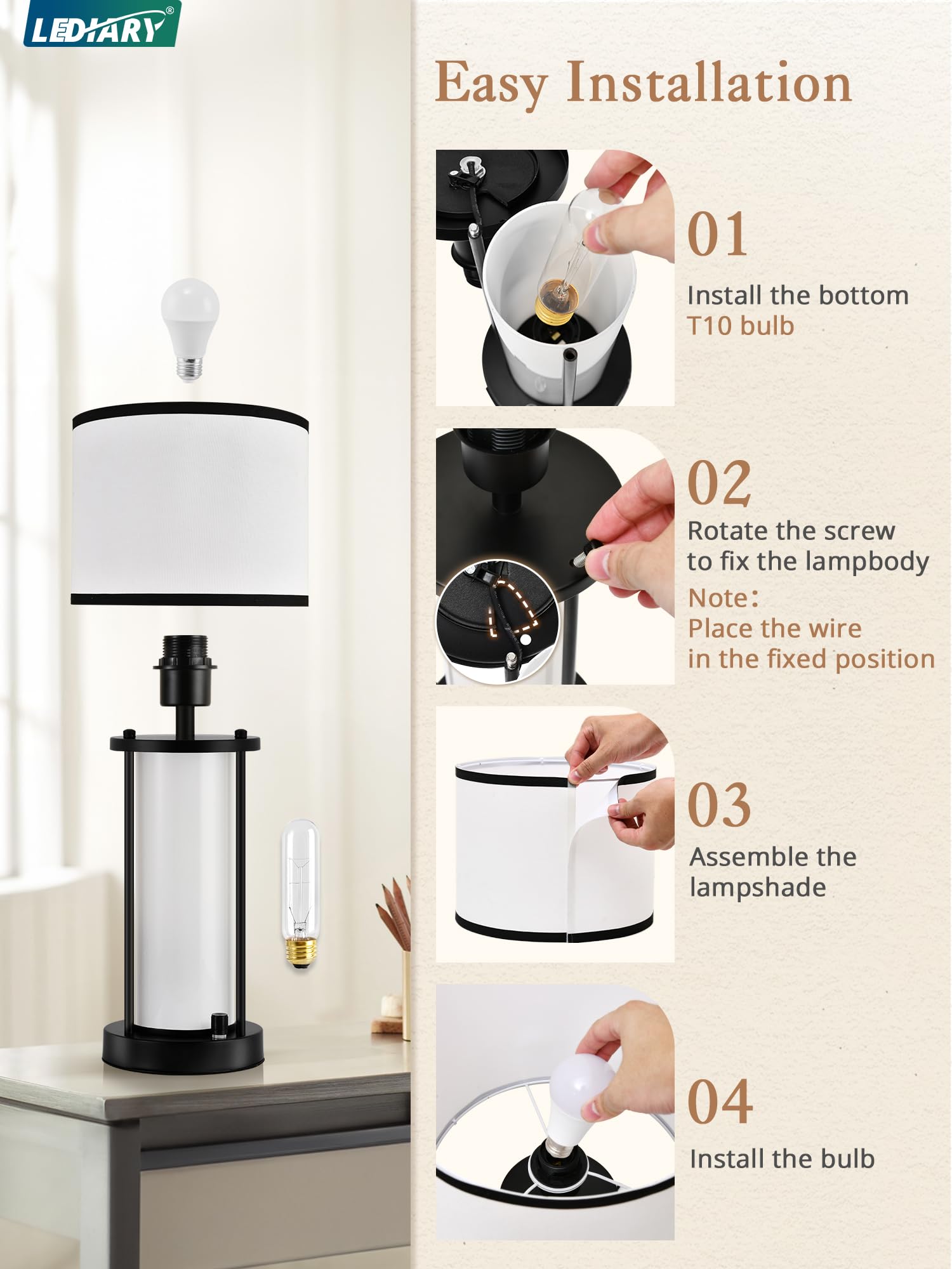 Lediary Lamps For Bedrooms Set Of 2, 20'' Farmhouse Bedside Lamps With Ac Outlet And 2 Usb Ports, Modern Nightstand Lamp With Wh