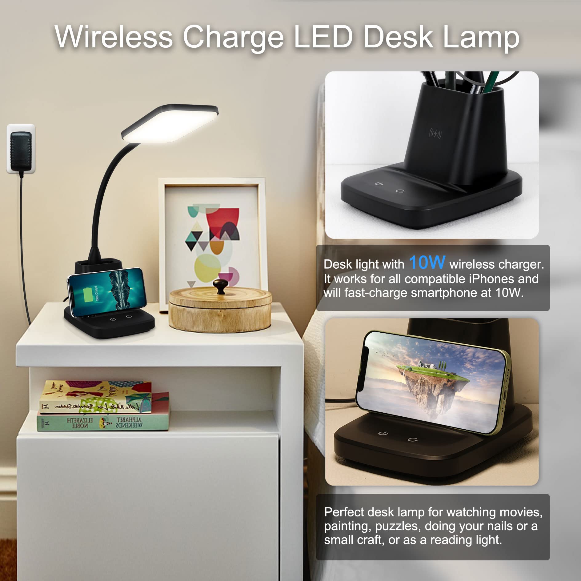 Sailstar LED Desk Lamp with Wireless Charger, 3 Color Modes, Stepless Dimming, Black, Acrylic, 800 Lumen, Ideal for Home Office and Dorm Room