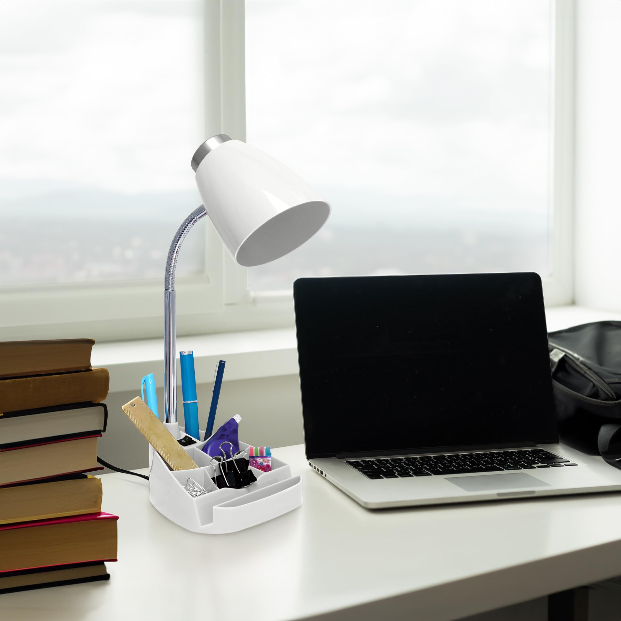 Simple Designs Ld1067-Wht Compartmental Desk Lamp With Iphone/Ipad/Tablet Stand, Bendable Gooseneck, For Office, Living Room, Ni