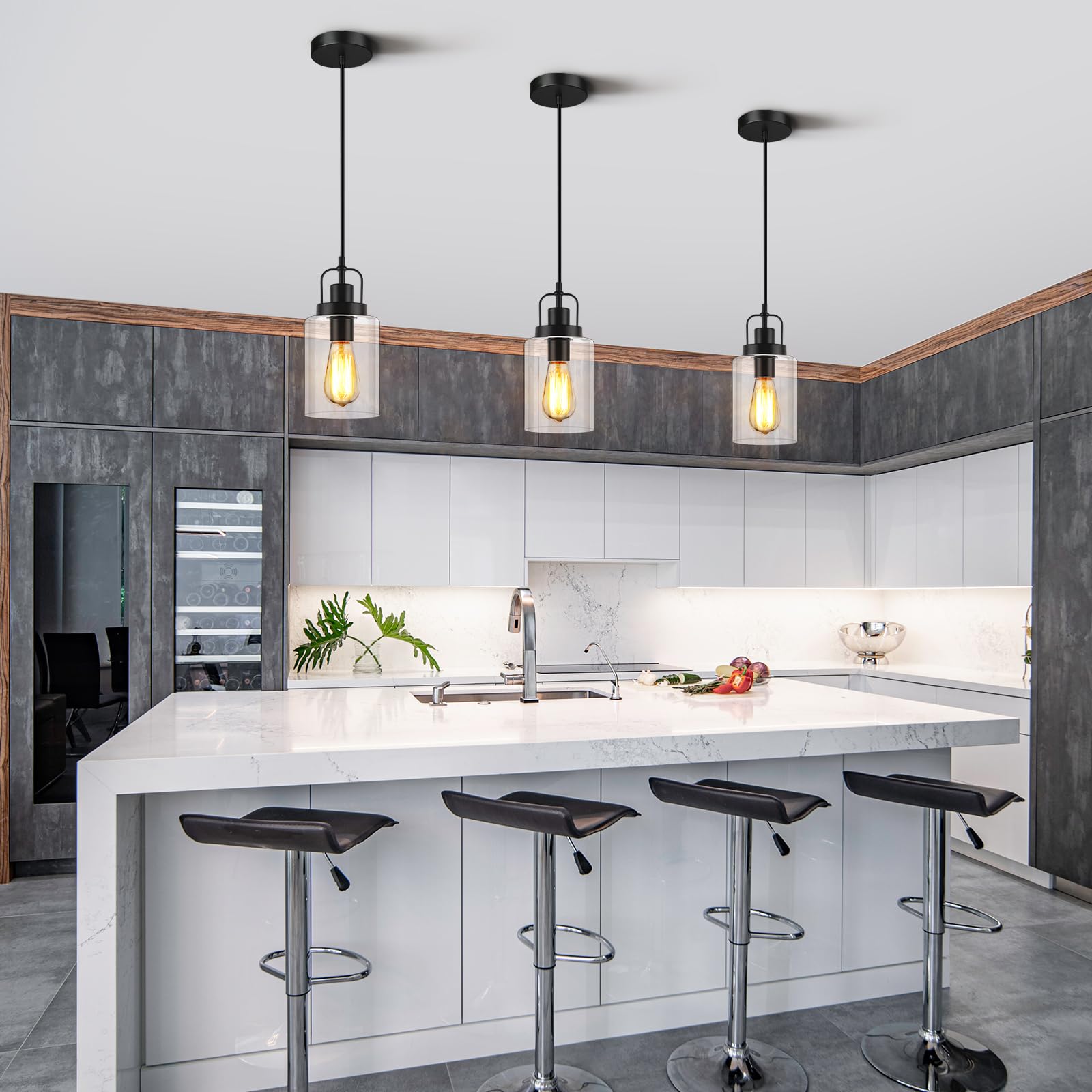 Seable Pendant Light Kitchen Island 3 Pack, Modern Hanging Light Fixtures With Clear Glass Shade, Black Pendant Lighting For Kit