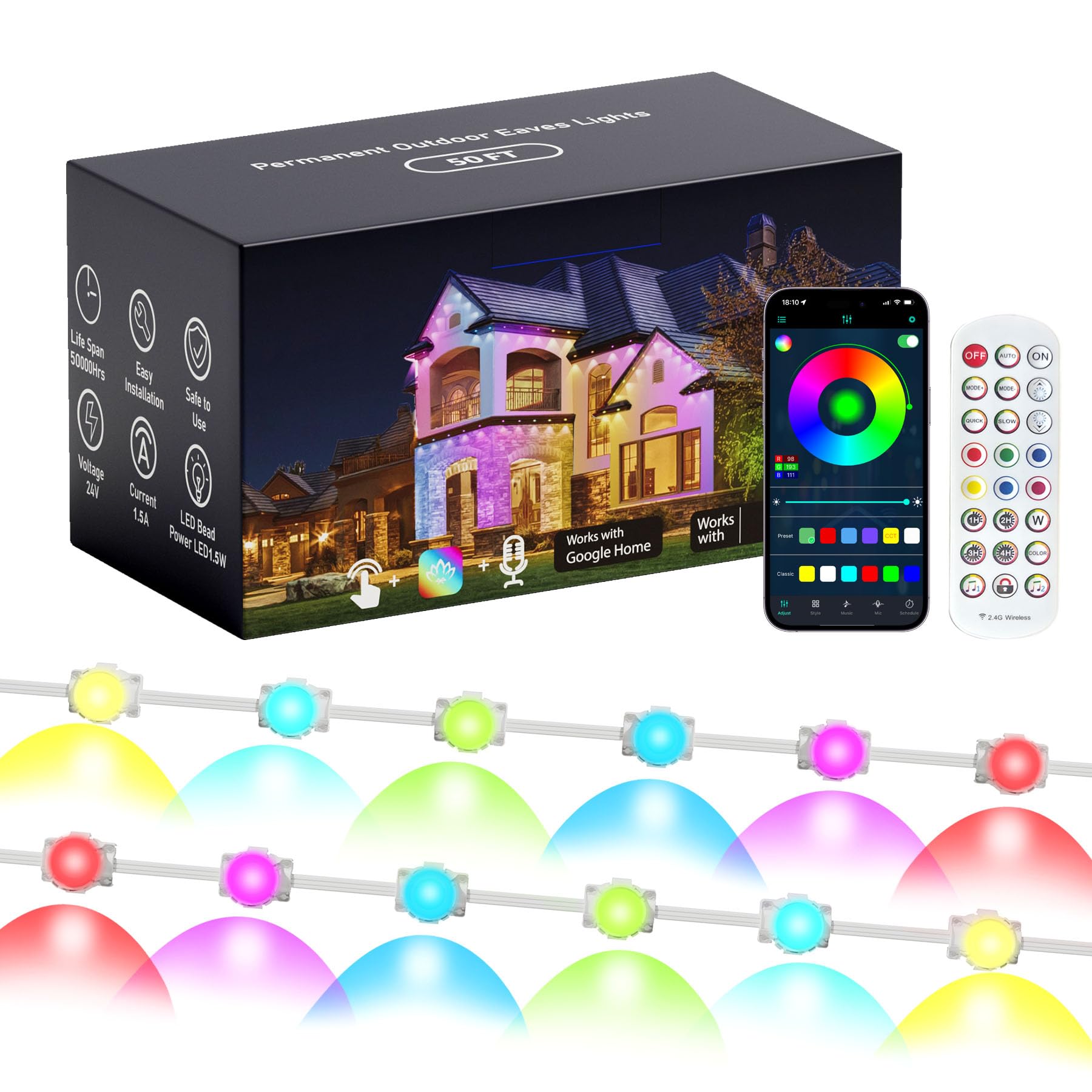 Easesonic Permanent Outdoor Lights for House, 50ft Smart RGB+IC Eaves Lighting with App & Remote Control, IP67 Waterproof Year-R