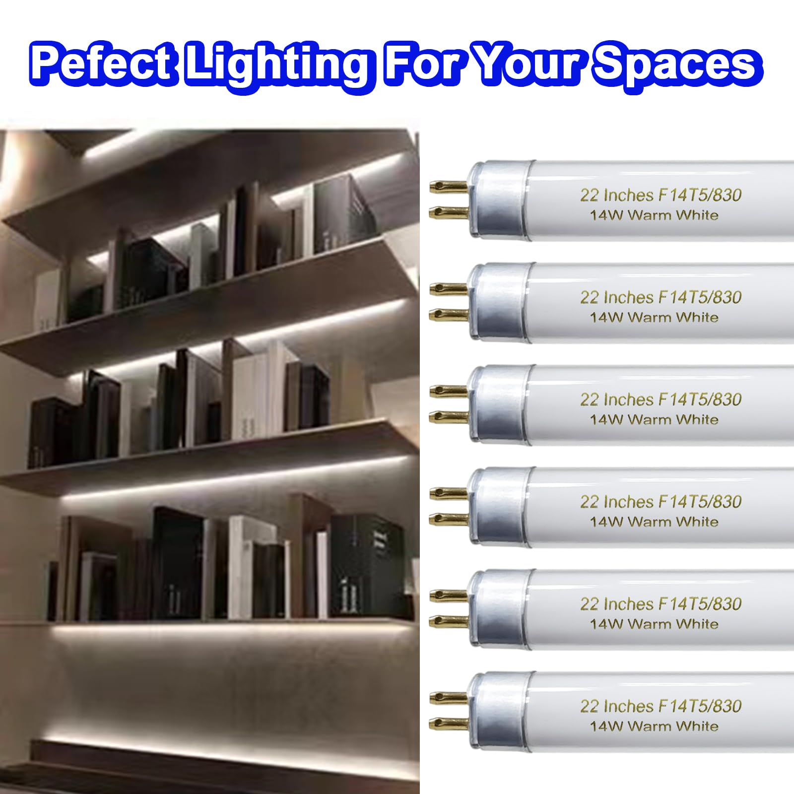Konideke 22 Inch T5 Fluorescent Light Bulb 14W F14T5WW 3000K Warm White G5 Base 6 Pack