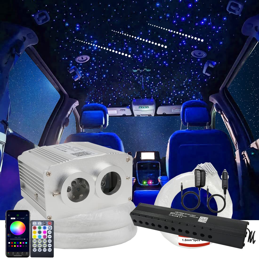 AZIMOM Dual Port 16W Twinkle Bluetooth Fiber Optic Starlight Kit Mixed860pcs 13.1ft Strands +Meteor Shooting Star Sound Activate