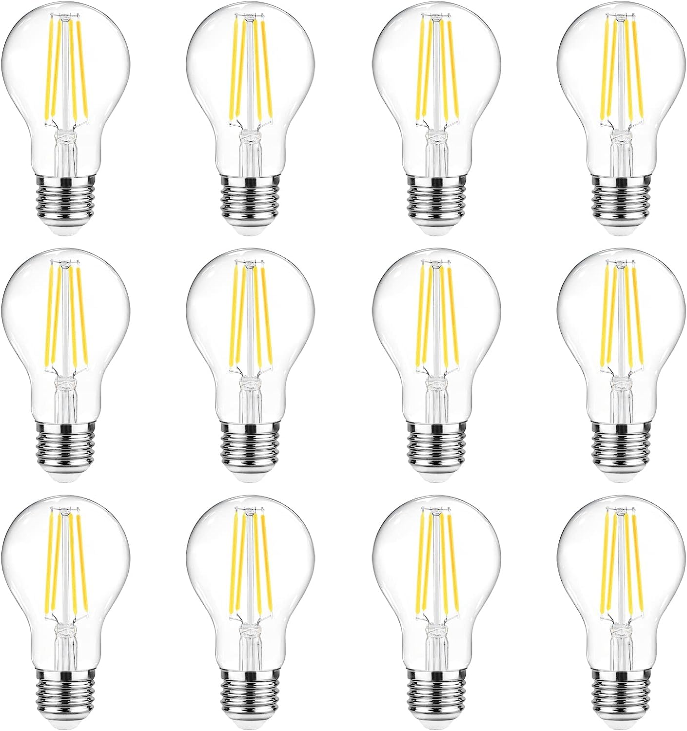 Ascher 60 Watt Equivalent  E26 LED Filament Light Bulbs  Daylight White 4000K  Non-Dimmable  Classic Clear Glass  A19 LED Light Bulb with 80 CRI  Pack of 12