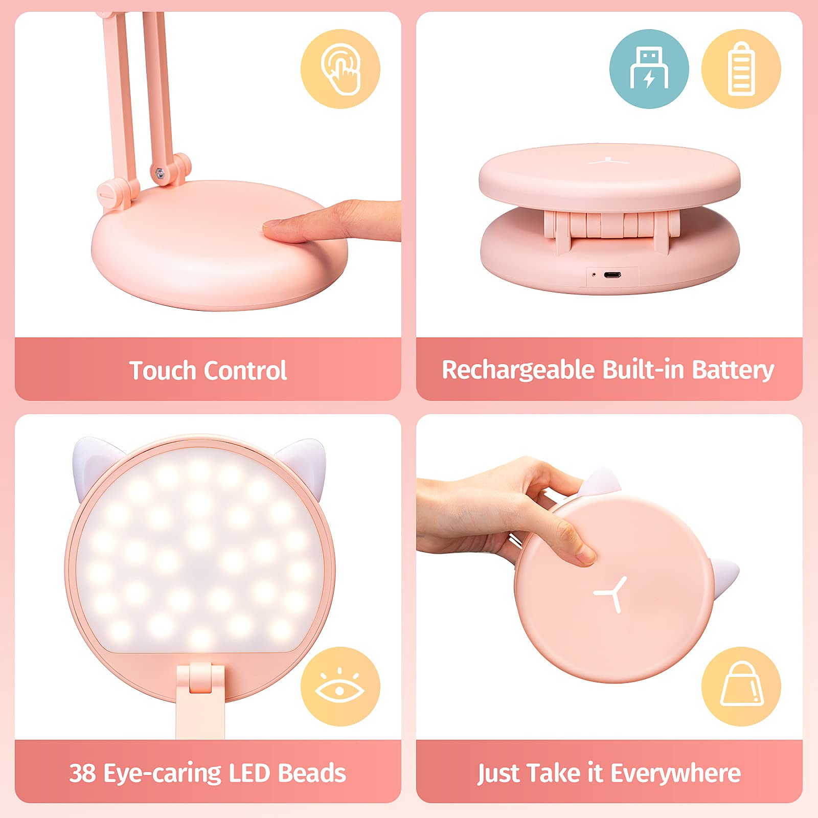 One Fire Cute Desk Lamp Pink Lamp Kawaii Desk Accessories, 8 Brightness Cute Lamp Cat Lamp Kawaii Accessories, Foldable & Portable Pink Cute Desk Accessories Kawaii Room Decor,Kawaii Stuff Cute Things