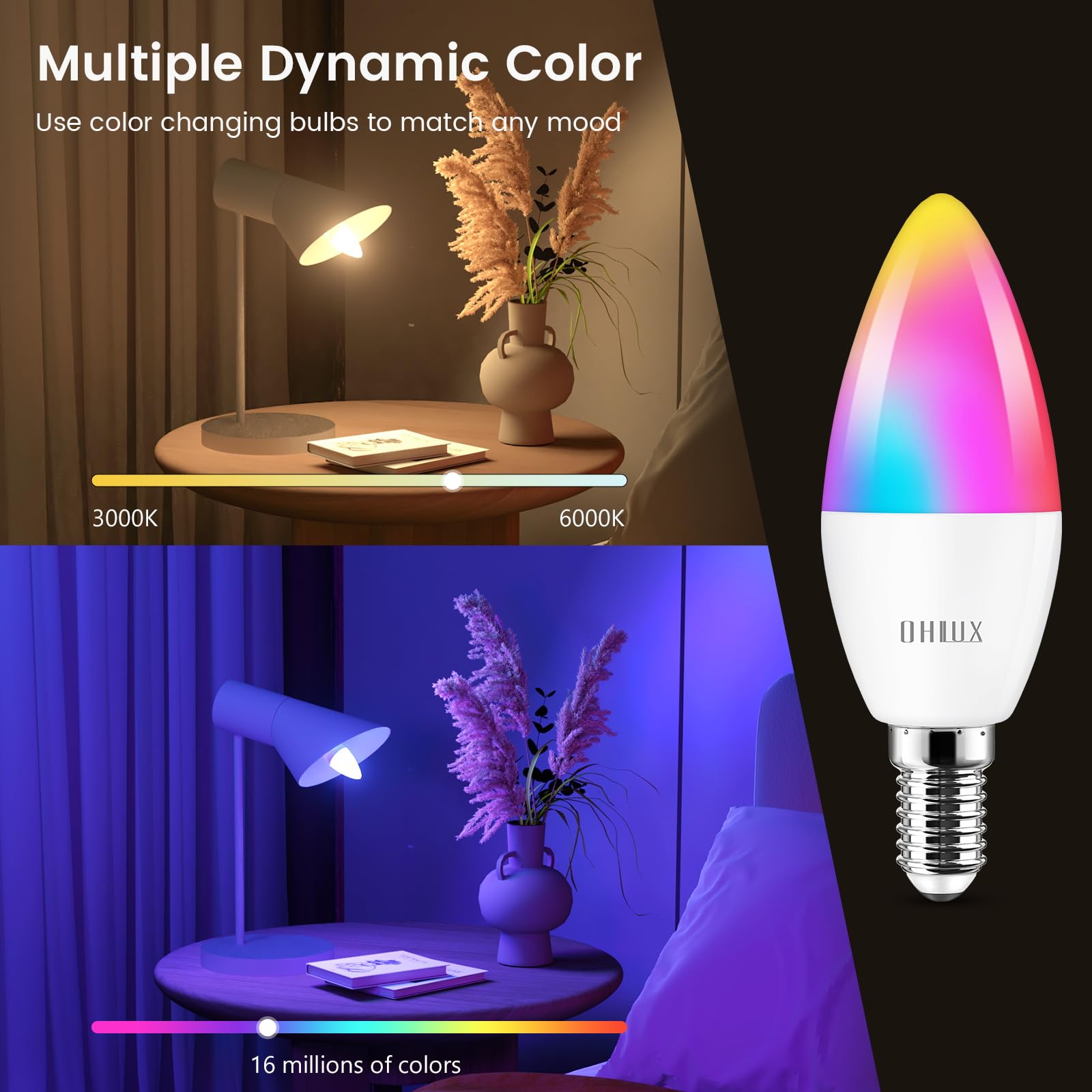 OHLUX Smart Candelabra LED Light Bulbs, E12 Base, WiFi Compatible, 4W Equivalent, Multicolor, 1 Pack, Model WIFI C37