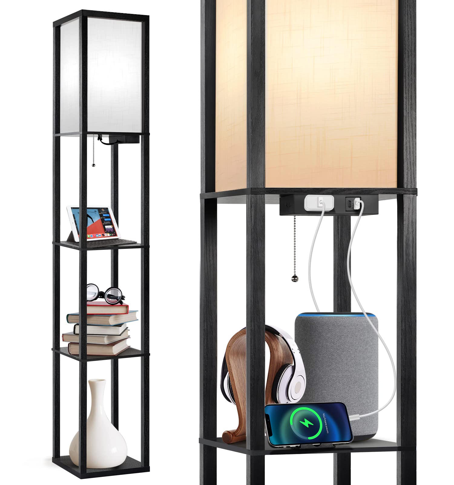 Outon Led Floor Lamp With Shelves With 1 Usb & 1 Type C Ports, 1 Ac Outlet, 3 Color Temperature, Storage Display Wood Column Tall Standing Lamp For Living Room, Bedroom Office,Black