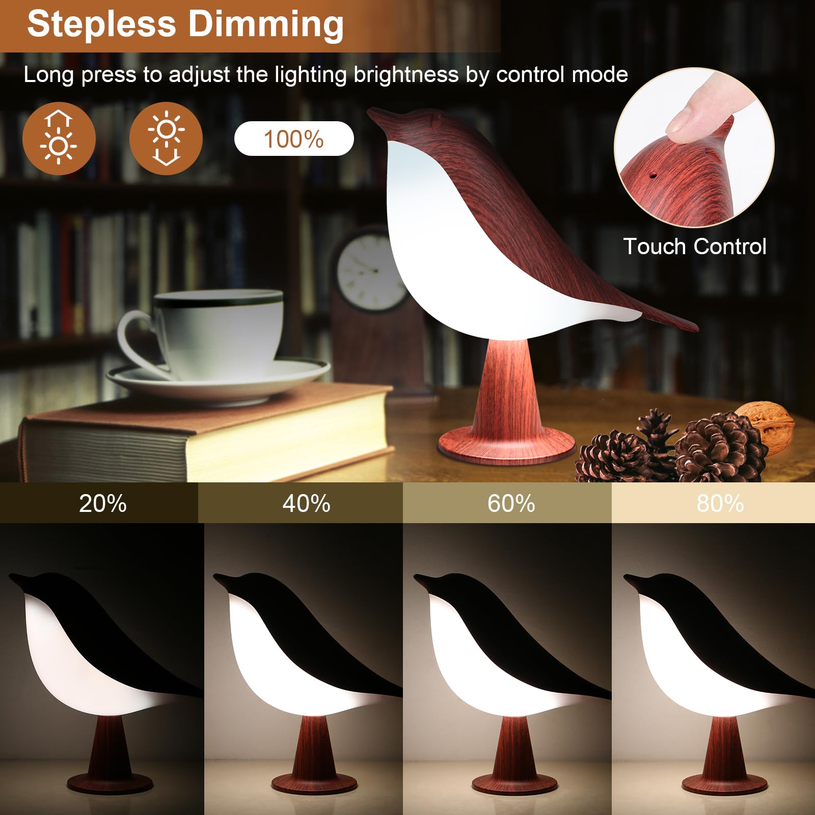 Vomii Small Bird Table Lamp, Cordless Desk Lamp, Touch Control & 3-Color Dimmable, Bedside Lamp, Rechargeable Battery Lamp, Cold/Warm Night Light, Portable Cute Lamp For Bedroom, Home/Office Decor