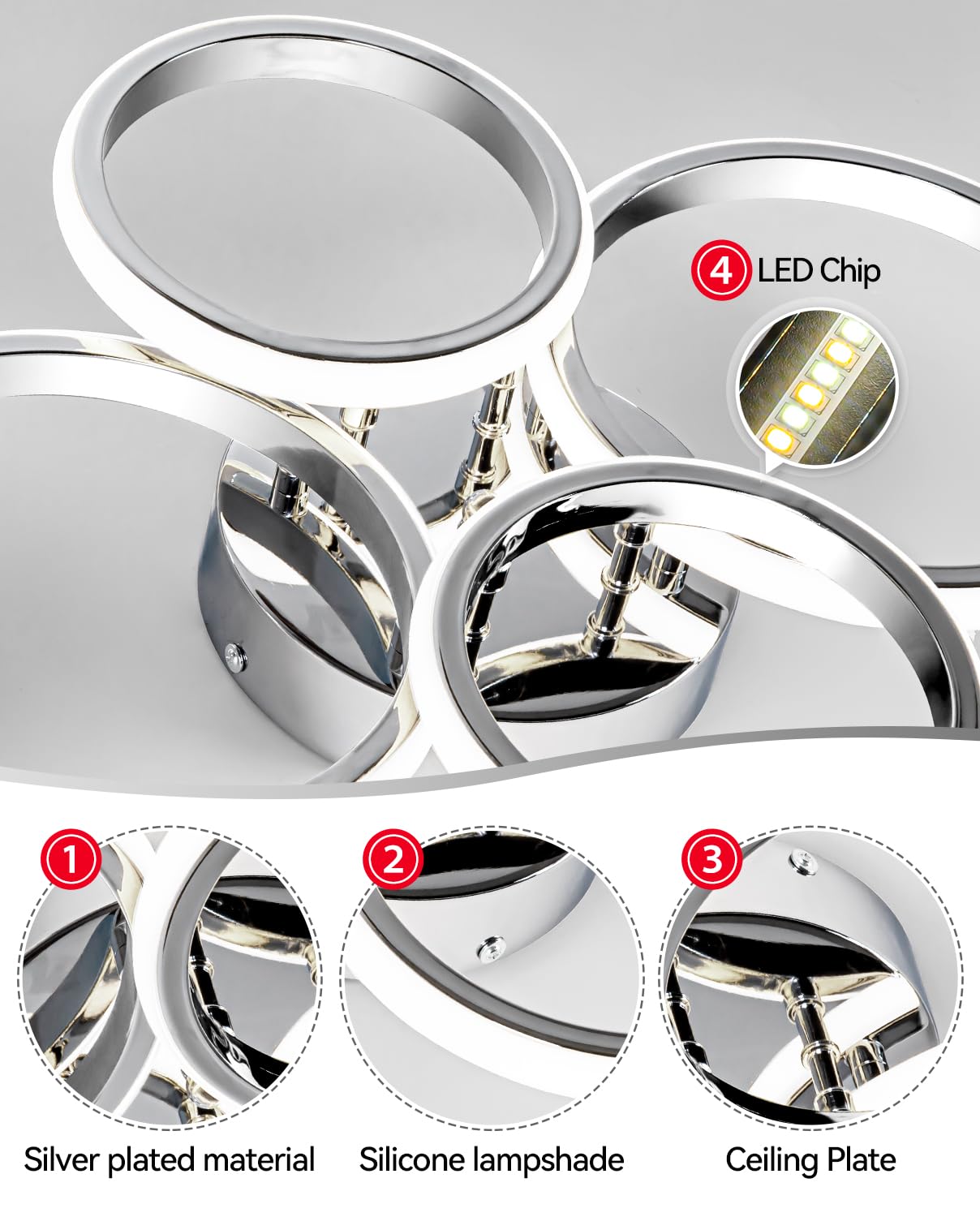 21.3In Chrome Modern Led Ceiling Light Fixture With Remote Control, 3000K-6500K 3-Color Dimming Circle Modern Ceiling Lamp Bedro