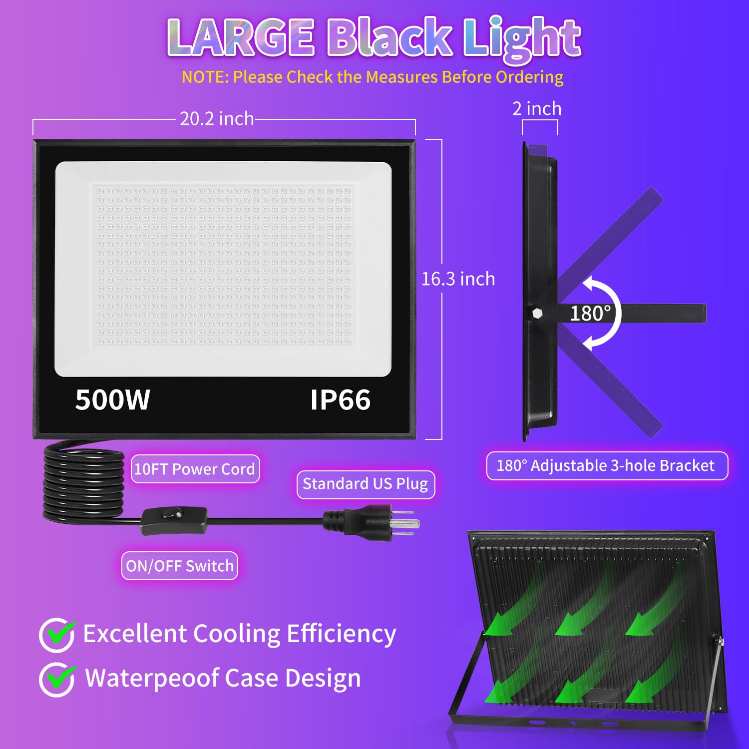 ISUERFY 500W LED Black Light Flood Light, IP66 Waterproof, 2 Pack, Aluminum, Ideal for Party, Gym, Halloween, Stage Lighting