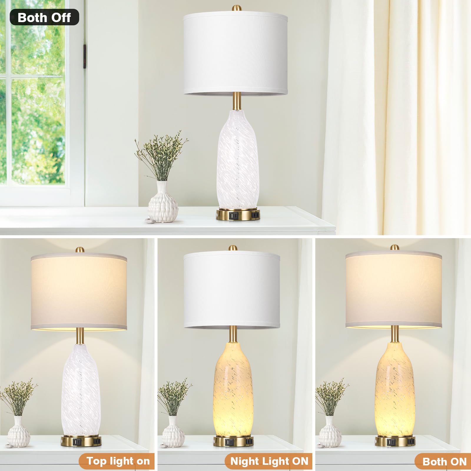 Rinweey 26'' Peacock Green Glass Table Lamps Set Of 2,Coastal Nautical Bedside Lamps With Usb Ports & Ac Outlet,Lamparas Elegant