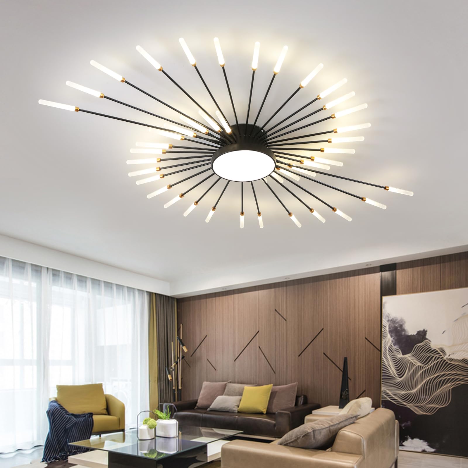 JAYMP Ceiling Light Modern Flower Shape Ceiling Lamp for Living Room Dining Room Flush Mount Metal Acrylic Sputnik Firework Petal LED Lighting Fixture (Matte Black, 42+1 Lights)