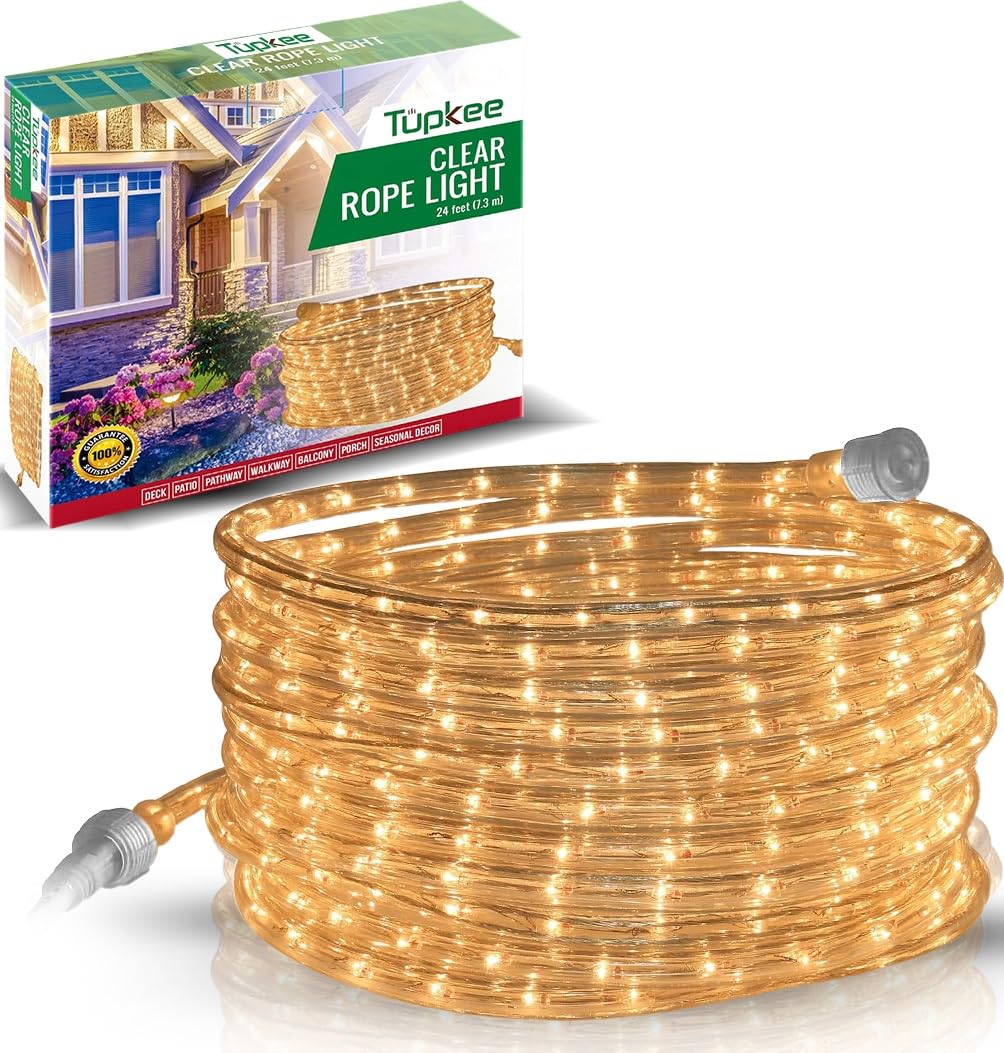 Tupkee Incandescent Rope Light Clear - 24 Feet (7.3 M), For Indoor And Outdoor Use - 10Mm Diameter - 288 Clear Warm Incandescent Long Life Bulbs Decorative Rope Tube Lights