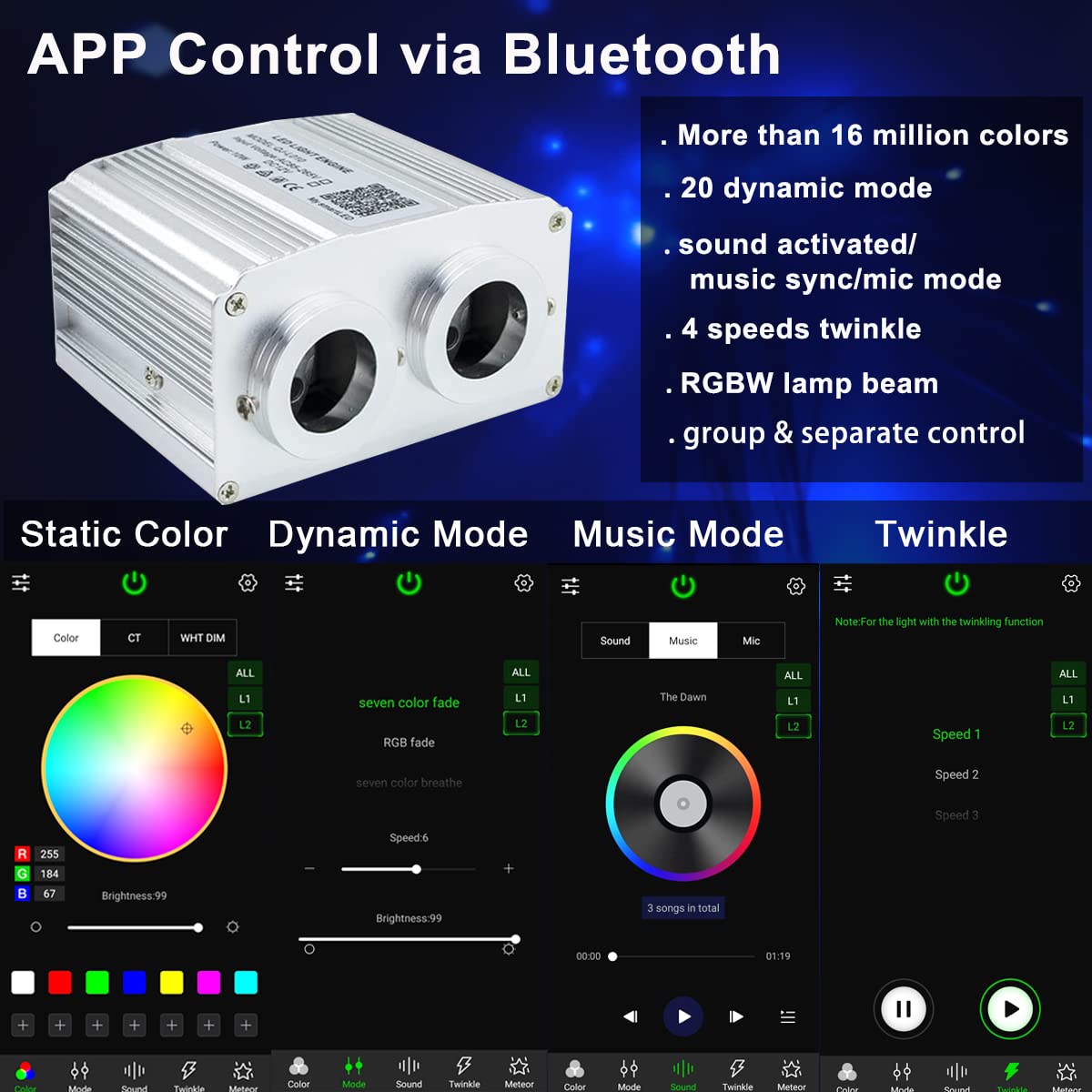 Azimom Dual Port 16W Twinkle Bluetooth Fiber Optic Lights Star Ceiling Light Kits Mixed860Pcs*13.1Ft Fibers Strands Sound Activa