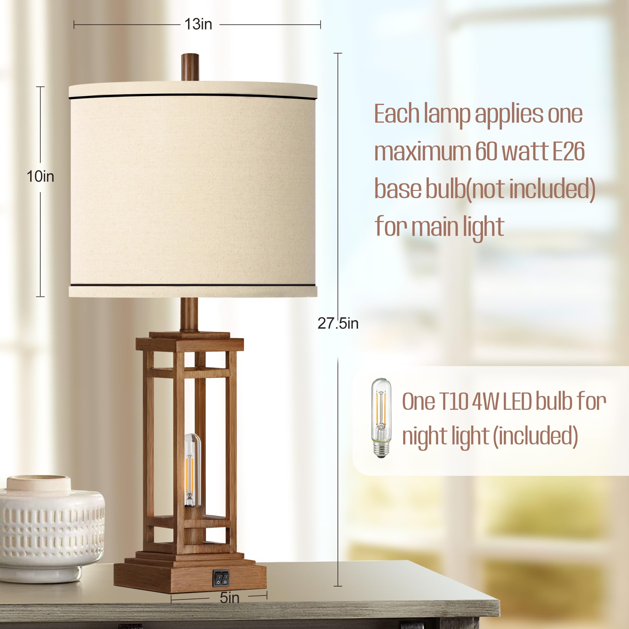 Rottogoon Rustic 27.5&quot; Farmhouse Table Lamps Set Of 2 With Usb Ports - Black Metal & Wood