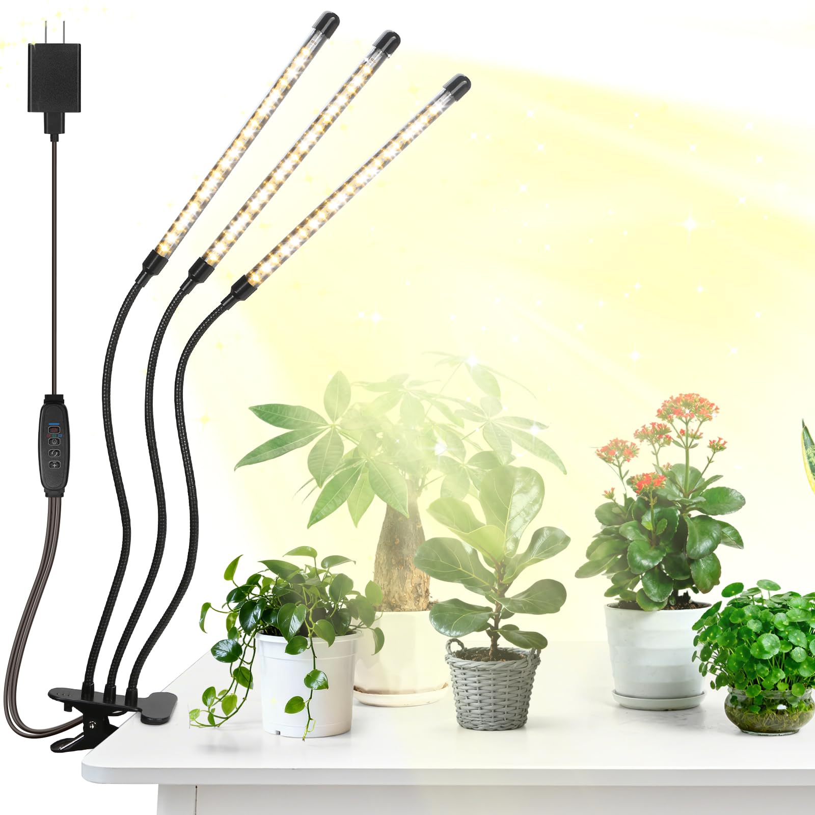 AURAZIGLI Led Grow Lights  3 Heads Full Spectrum Plant Light with Clamp for Indoor Plants & Seed Starting  10-Level Dimmable  Auto On Off  Timing 3 9 12Hrs