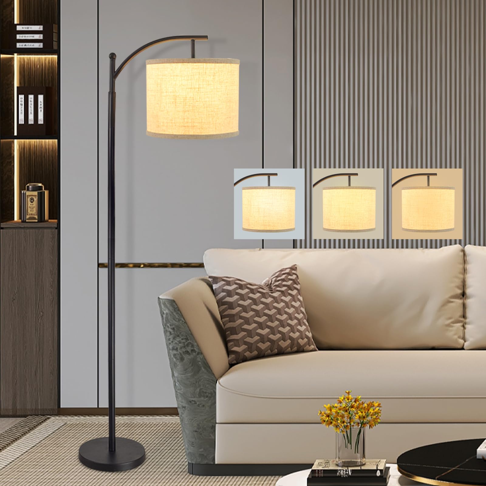 DINGLILIGHTING Modern Arc Floor Lamp, Industrial Metal Reading Light, 1 Light, Black with Flaxen Shade, Model WS-MNF1-60B