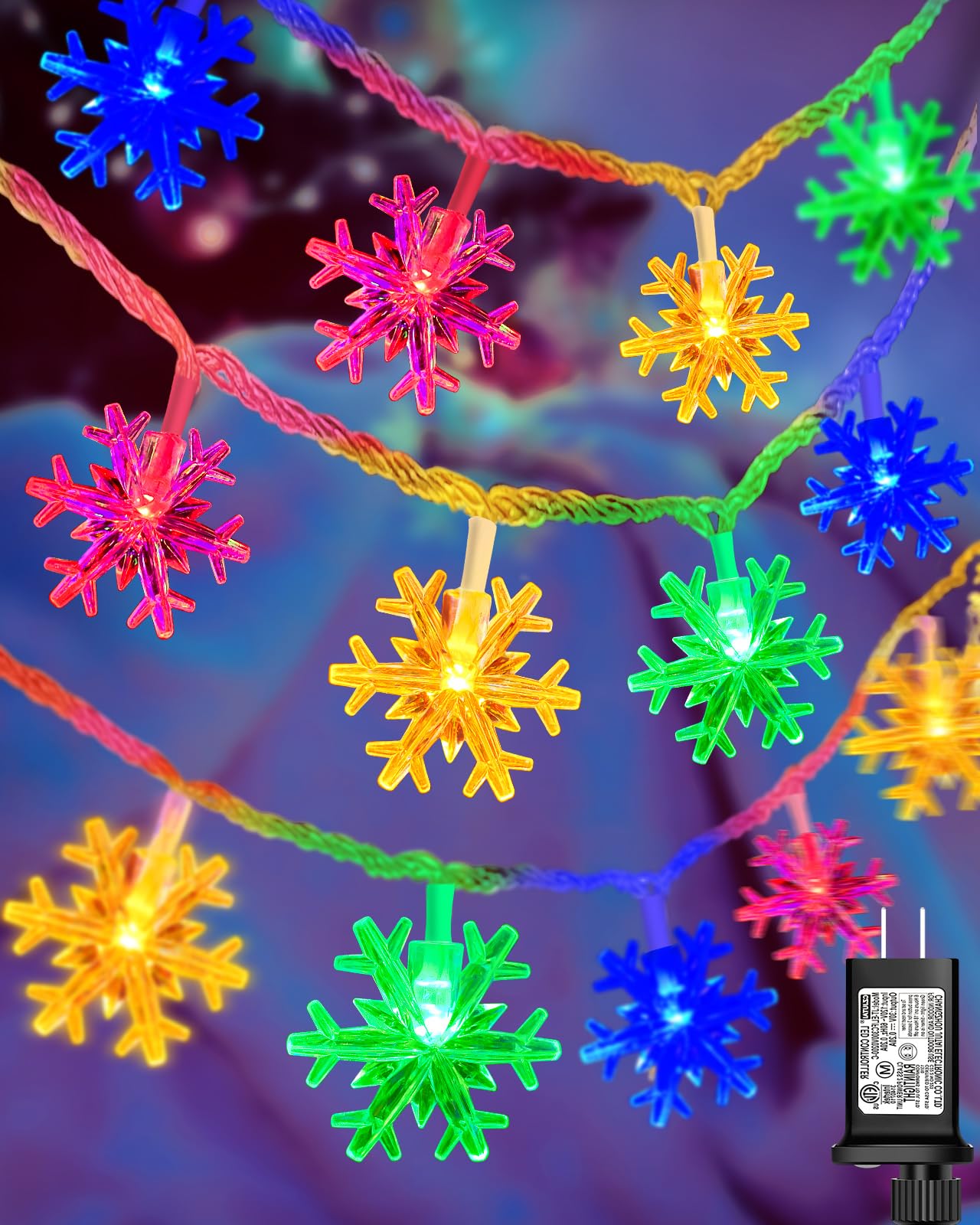 Christmas Snowflake String Lights Outdoor, 100 LED 49FT Icicle Lights Waterproof with 8 Modes Timer Xmas Decorations, Plug in Fairy Lights for Curtain, Eaves, Window, Tree, Garden, Yard- Multicolor