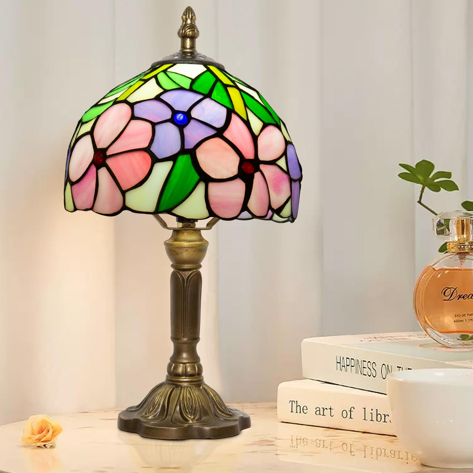 Ppbmocw Stained Glass Lamp,8X14 Inches Small Tiffany Lamp,Four Flowers Style Art Deco Lamp For Bedside,Antique Office,Living Roo