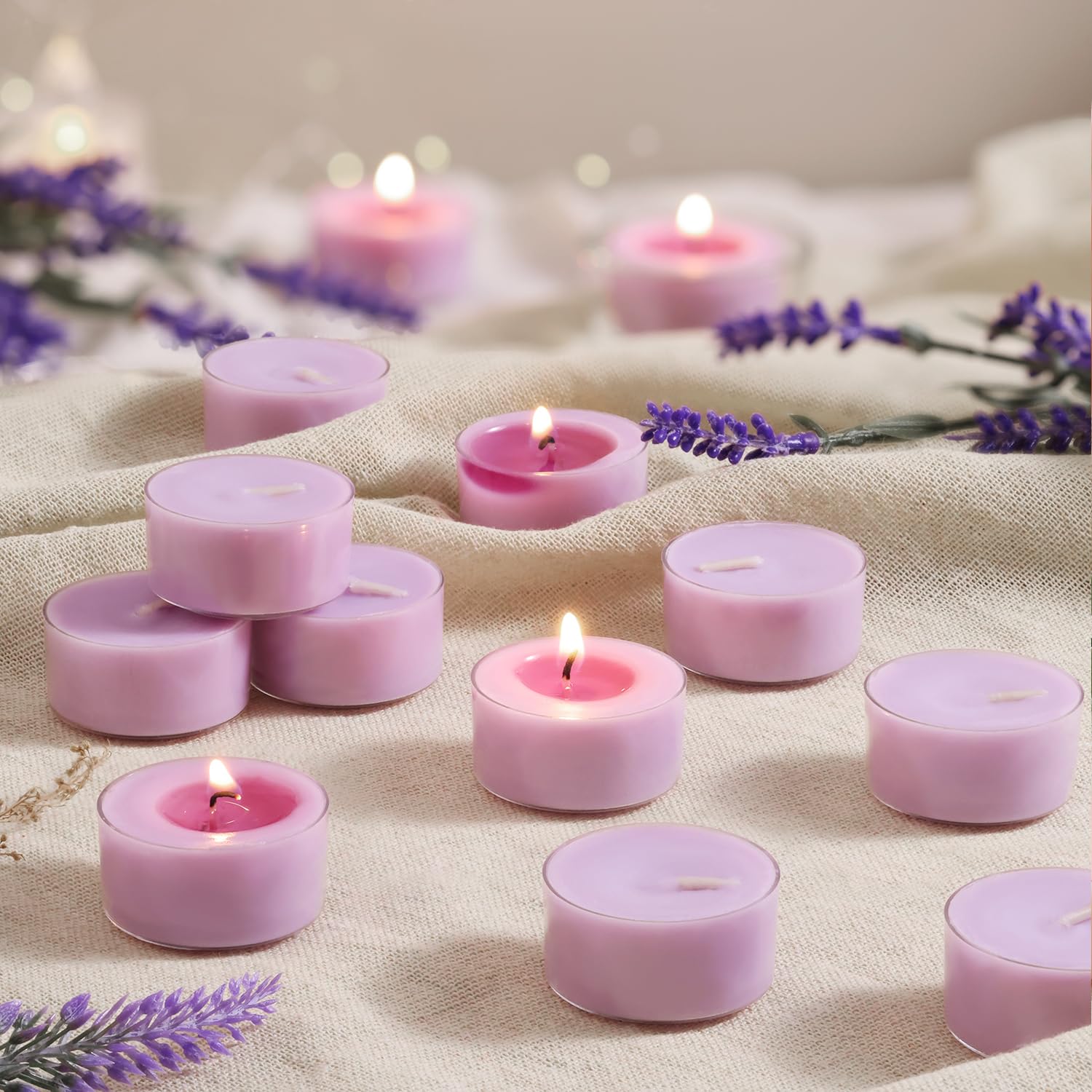 Scented Tea Lights Candles  Lavender Twilight  48 Pack - Purple Scented Tealight Candles - 100% Palm Wax  6 Hour Burn Aromatherapy Tea Light Votive Candle for Relaxation  Spa  Yoga  Home Decor