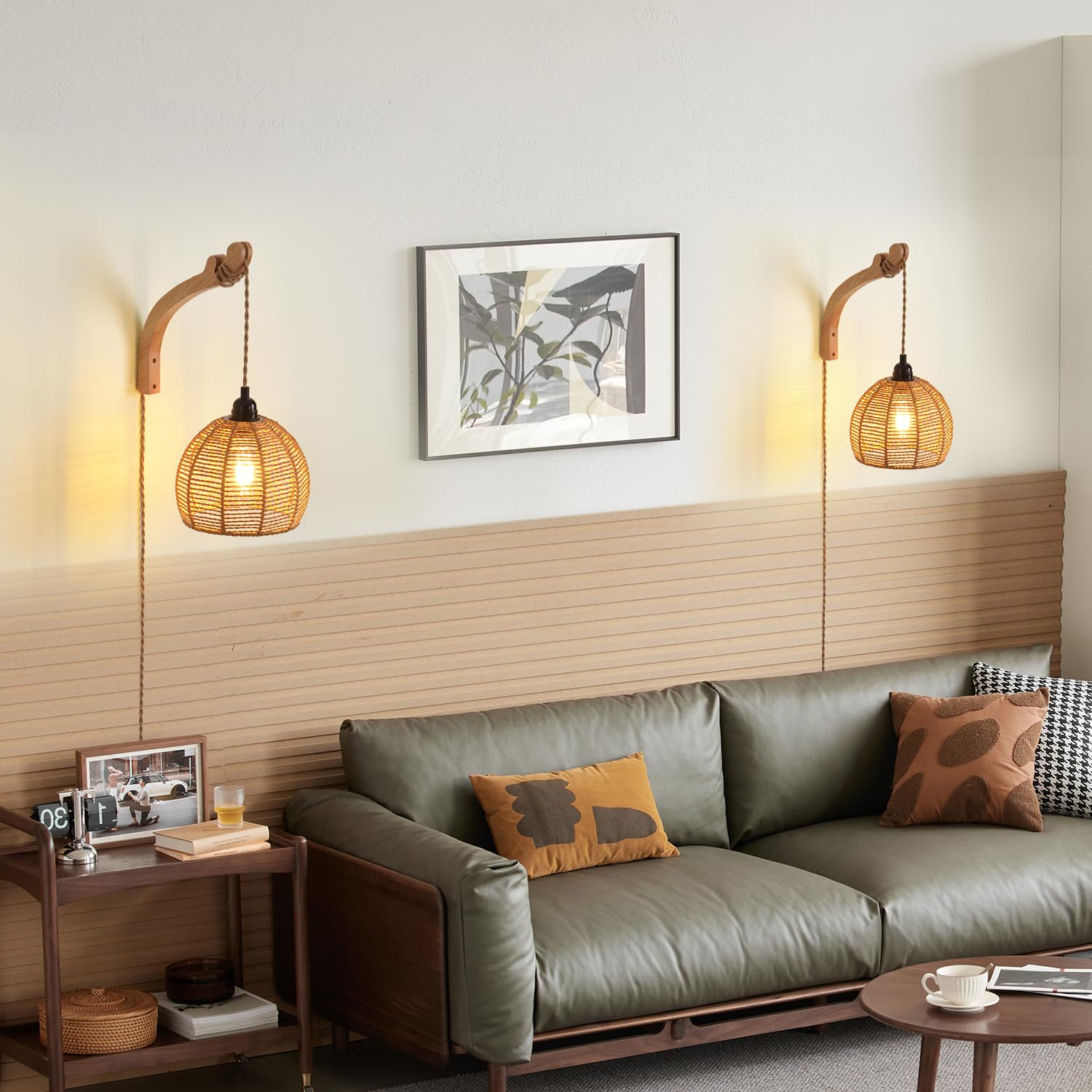 CAFULAM Wicker Wall Sconce - Hand Woven Rattan Plug-in Lamp, Rustic Boho Design, 7.87" Color: Natural, Model WPGSCN, Perfect for Living