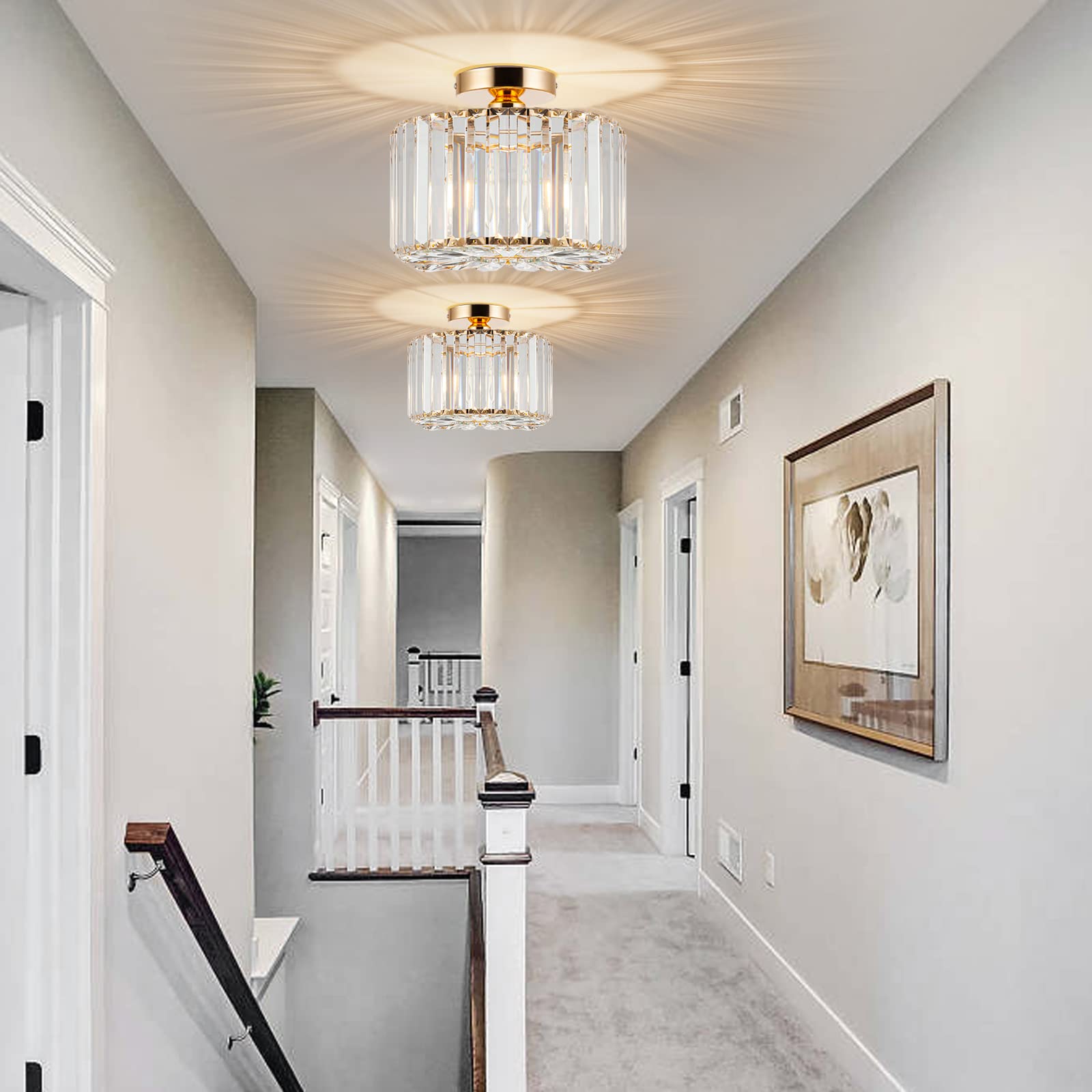 Hopggie 10.6 Inch Gold Chandelier Flush Mount Ceiling Light Mini Small Crystal Chandeliers Modern Hallway Light Fixtures Ceiling